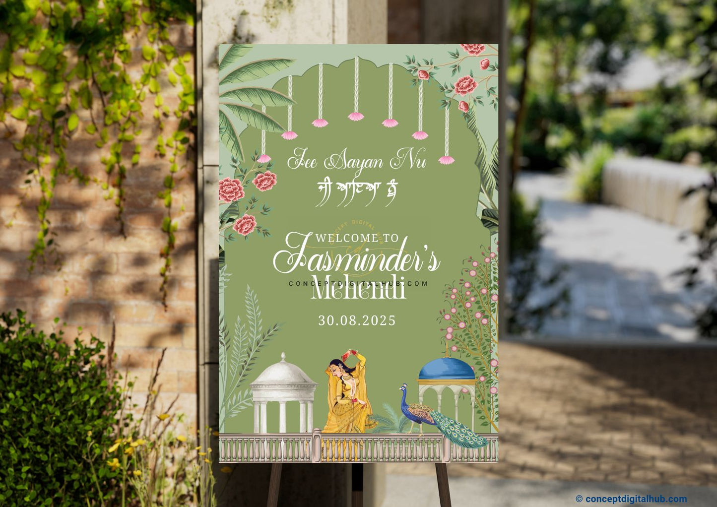 Greenish Yellow Color Mughal miniature Welcome Board for Mehendi