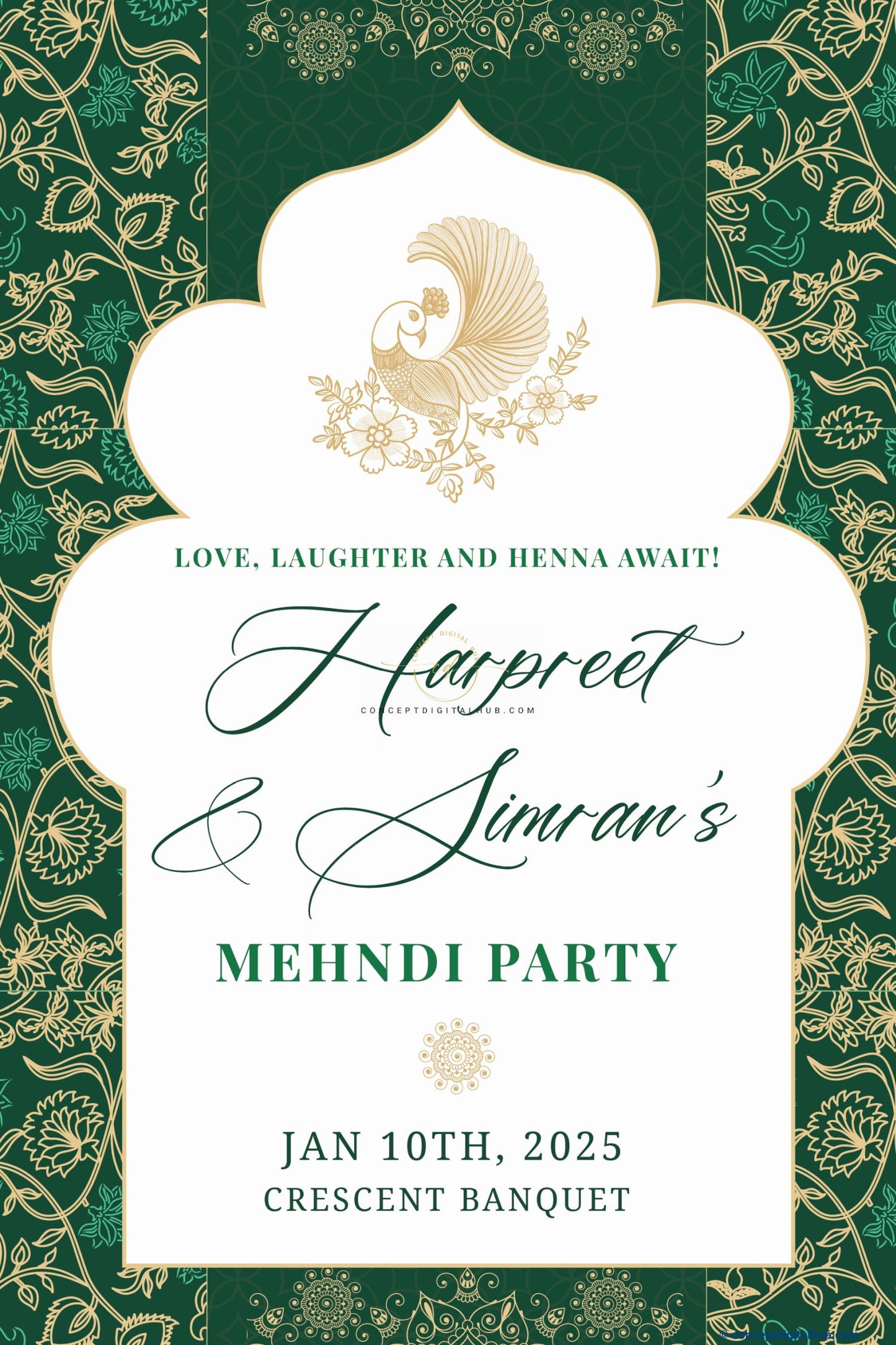 Green Color Golden Peacock Welcome Board for Mehndi