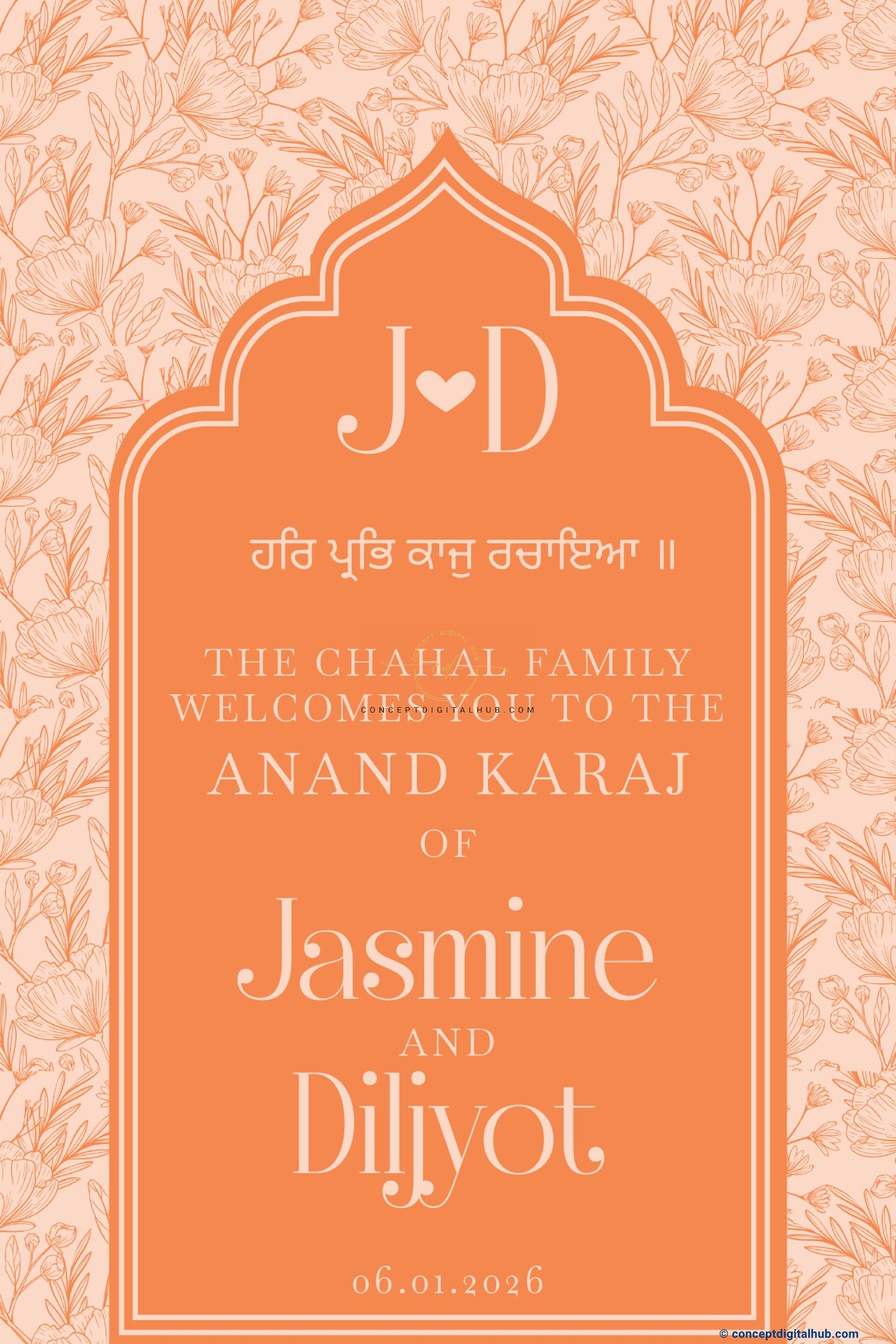 Peach Orange Color Floral Line Art Welcome Board for Wedding Week