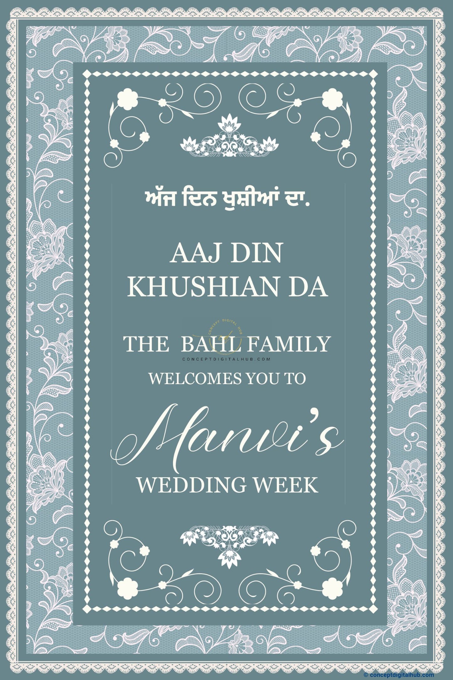 Dusty Blue Color Floral Lace Pattern Welcome Board for Wedding Week