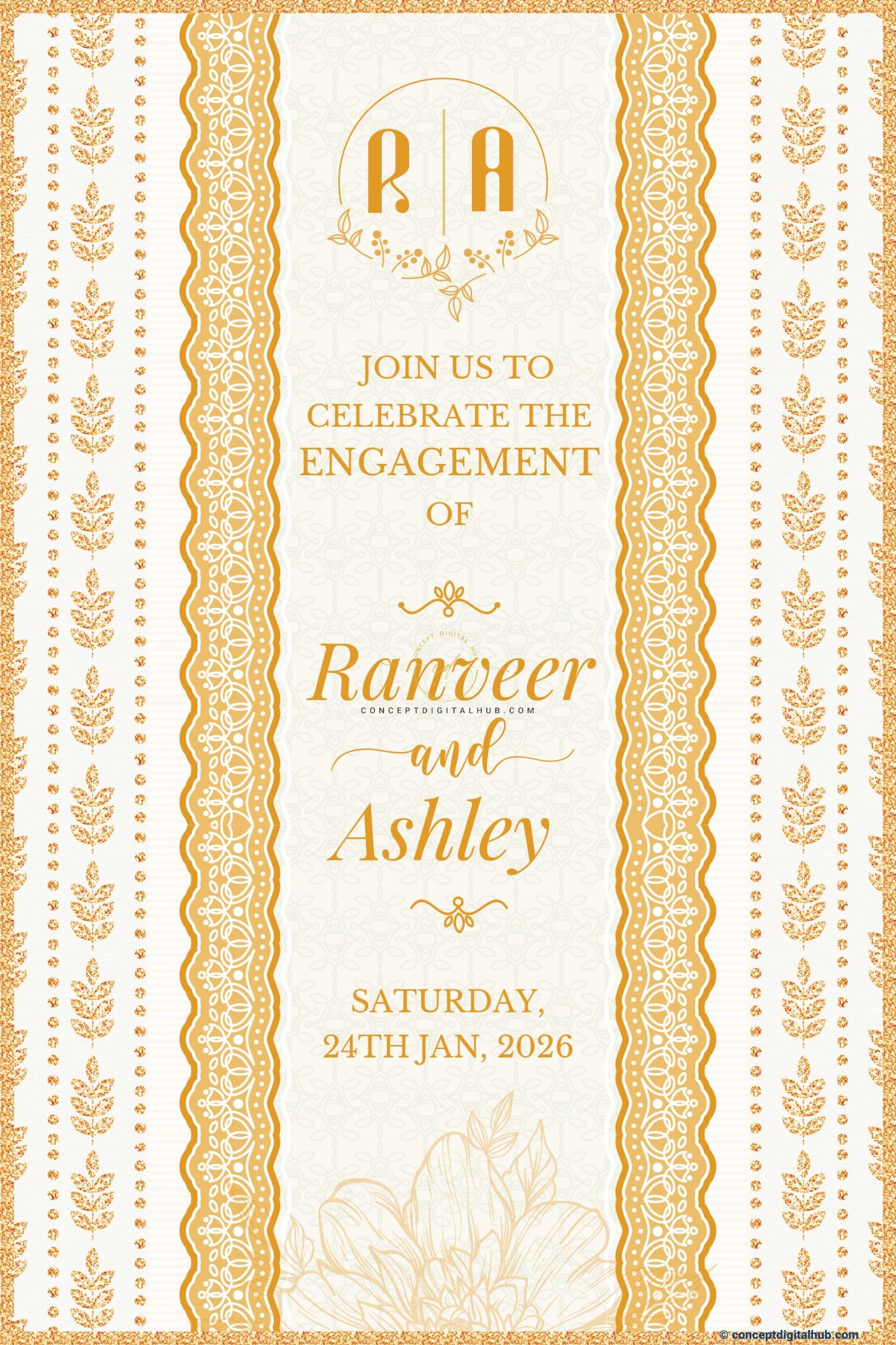 Metallic Gold Color Leaf Motifs Welcome Board for Engagement