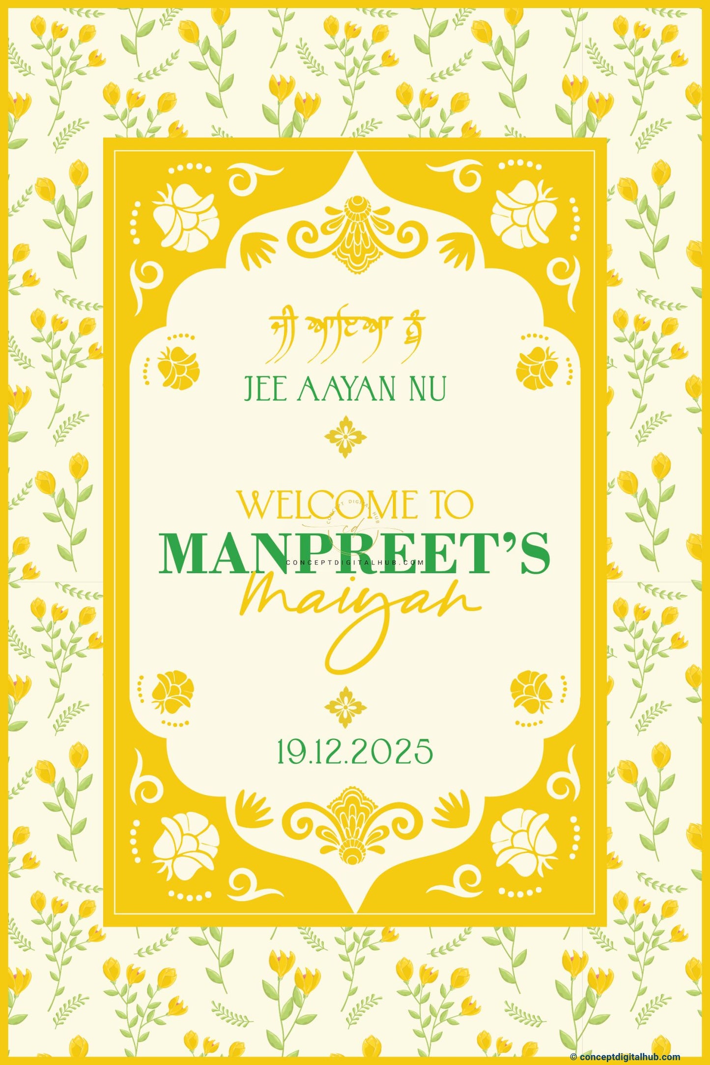 Marigold Yellow Color Floral Medallion Motifs Welcome Board for Maiyan