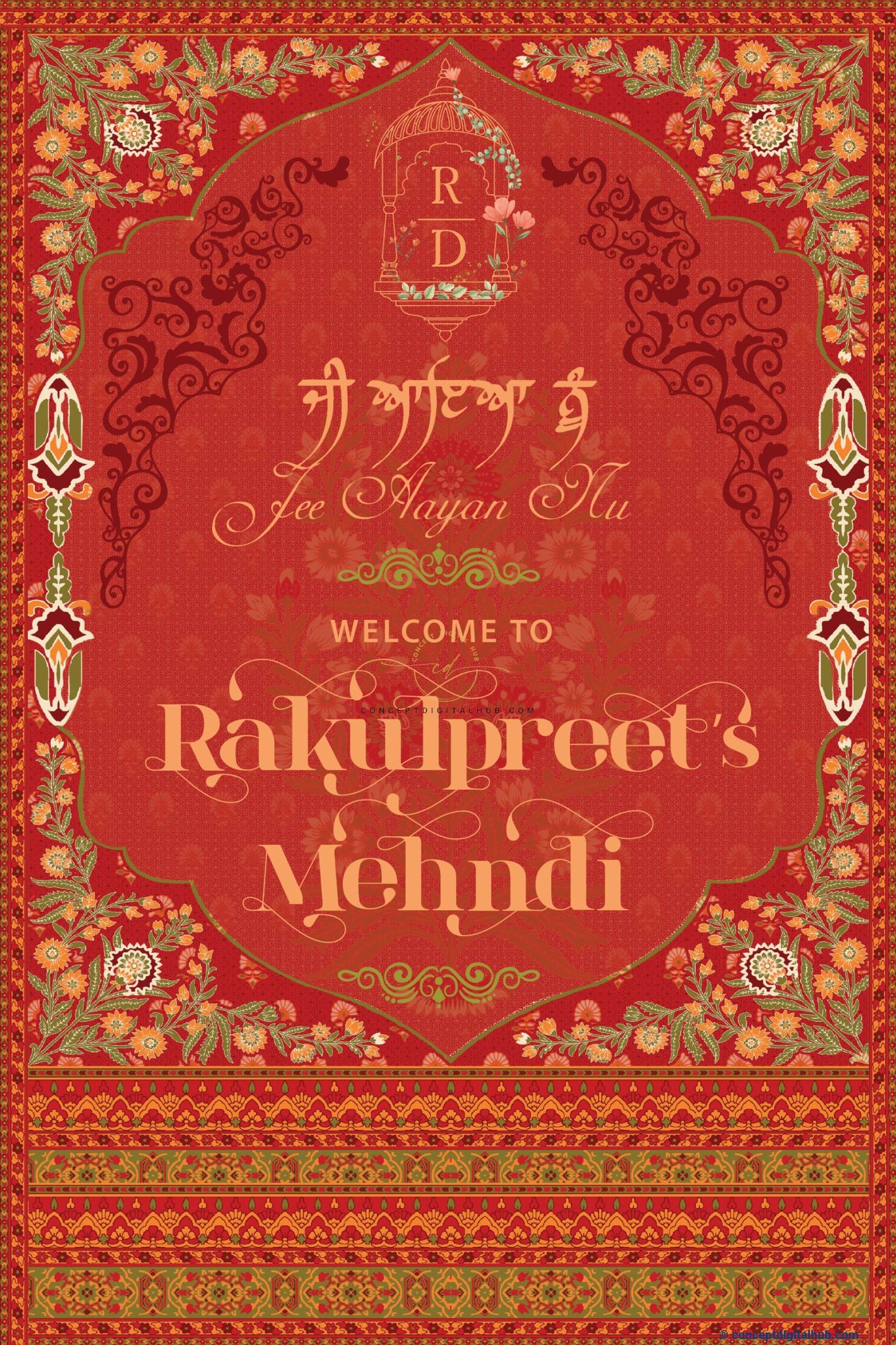 Dull Red Color Floral Welcome Board for Mehndi