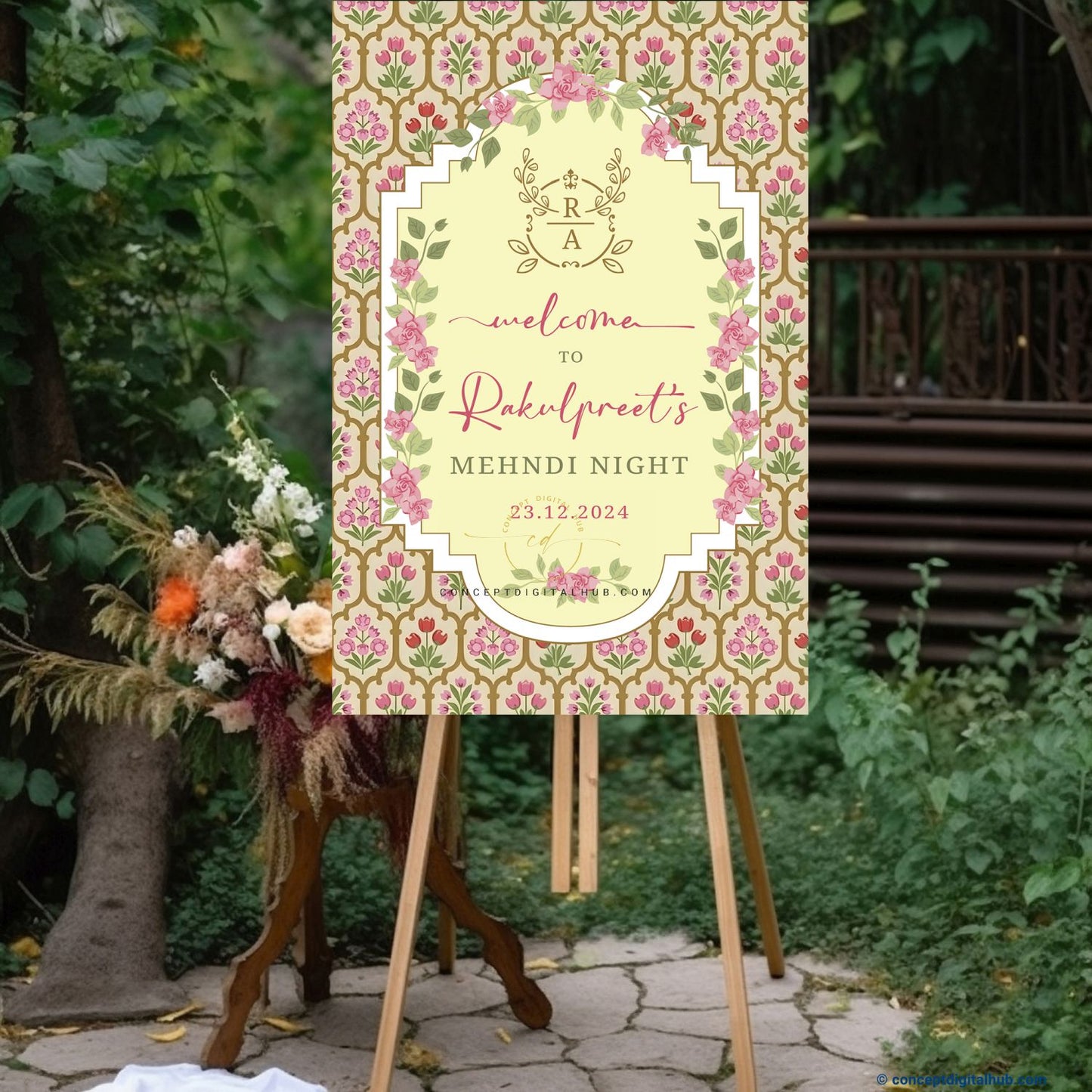 Blond Color Flowered Welcome Board for Mehndi