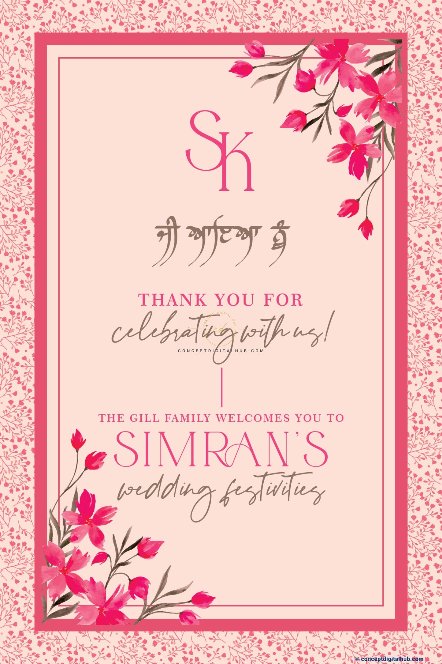 Rose Pink Color Contemporary Floral Welcome Board for Wedding Week