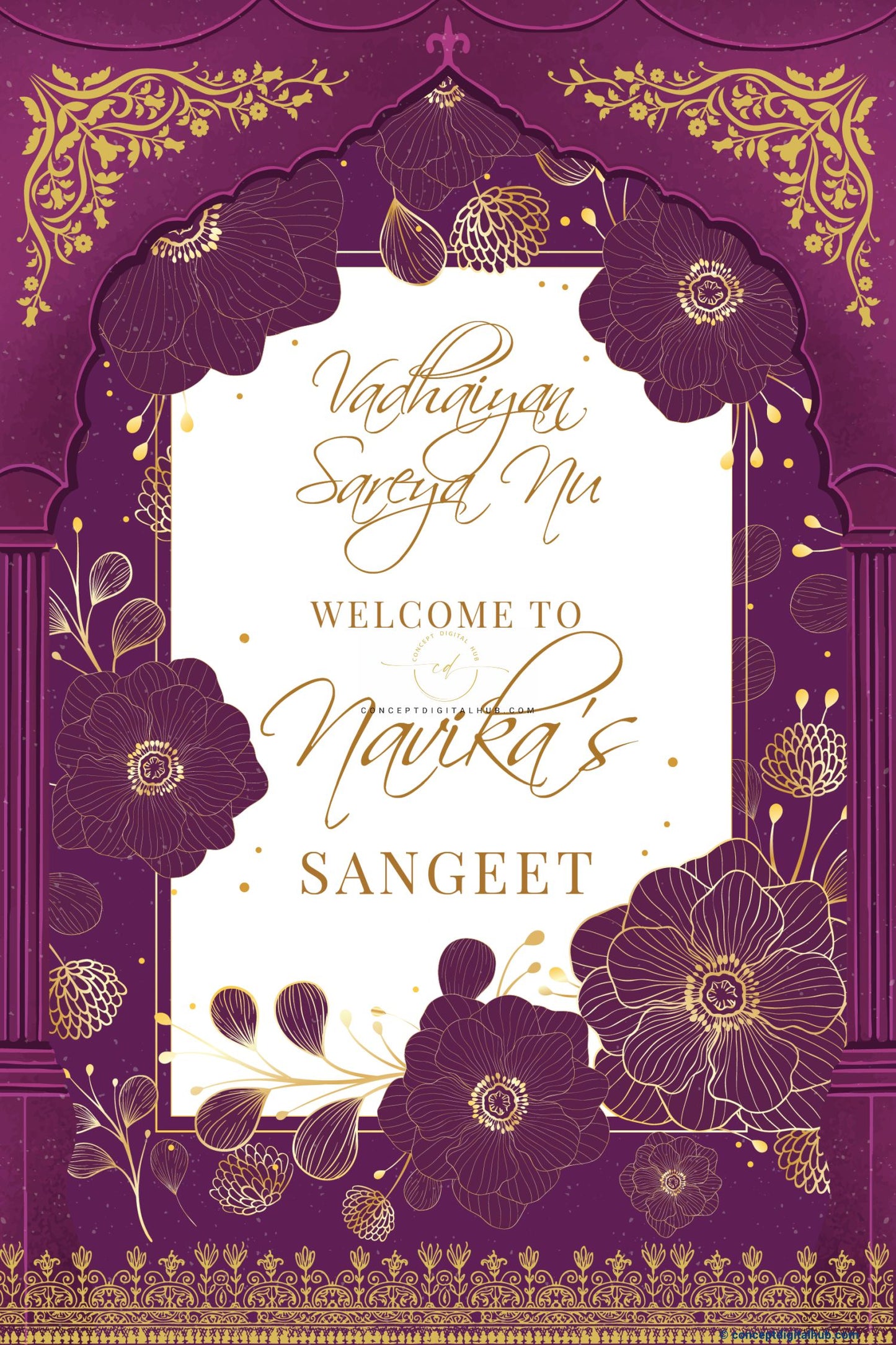 Purple Color Floral Welcome Board for Sangeet