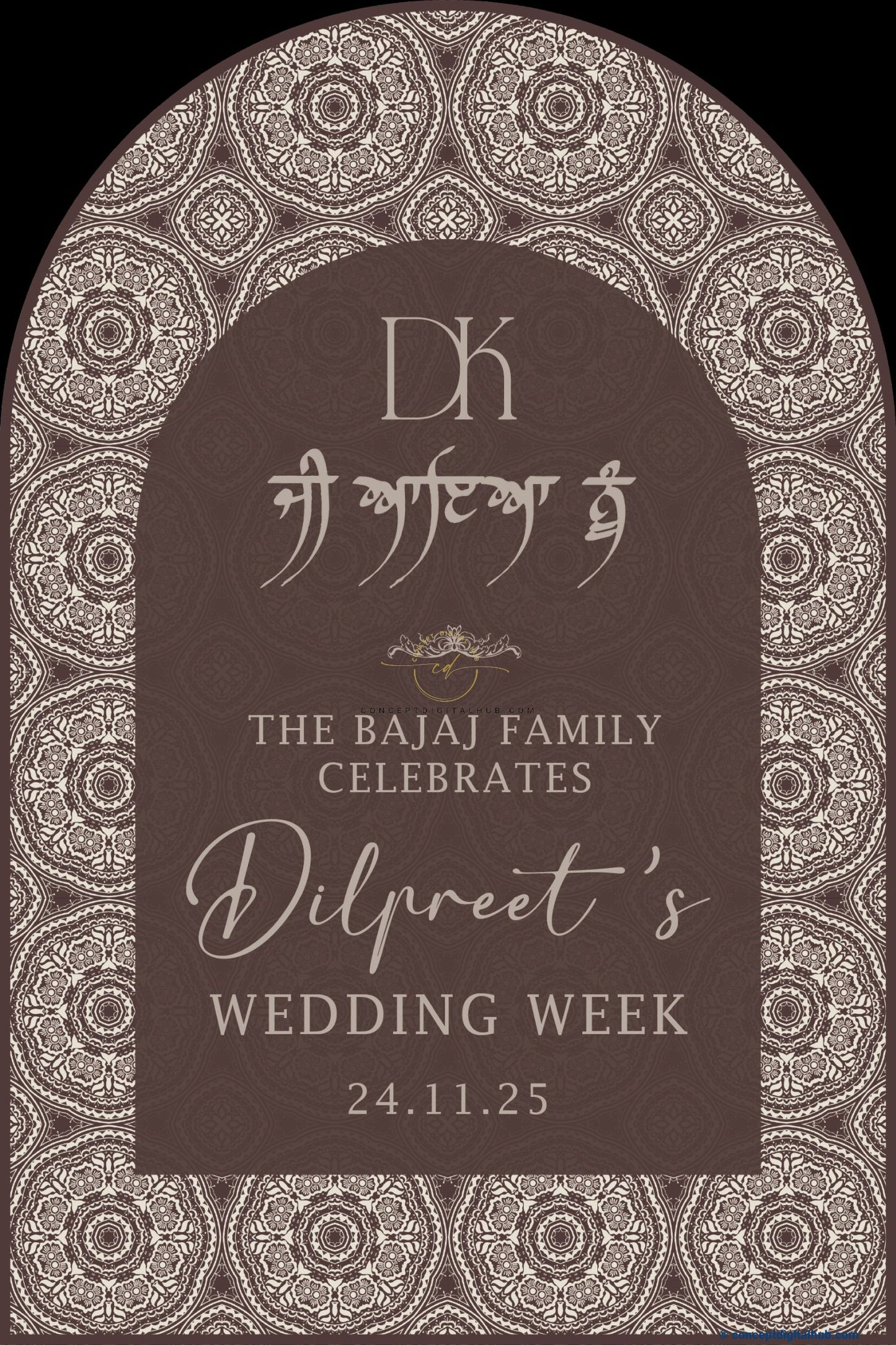 Mocha Brown Color Traditional Mandala Welcome Board for Wedding Week