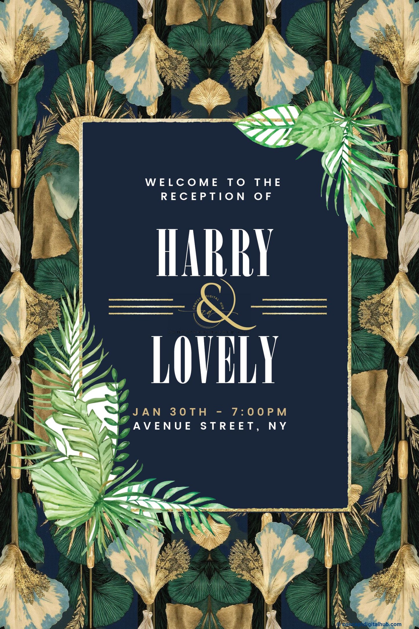 Midnight Navy Blue Color Tropical Leaf Welcome Board for Wedding Week