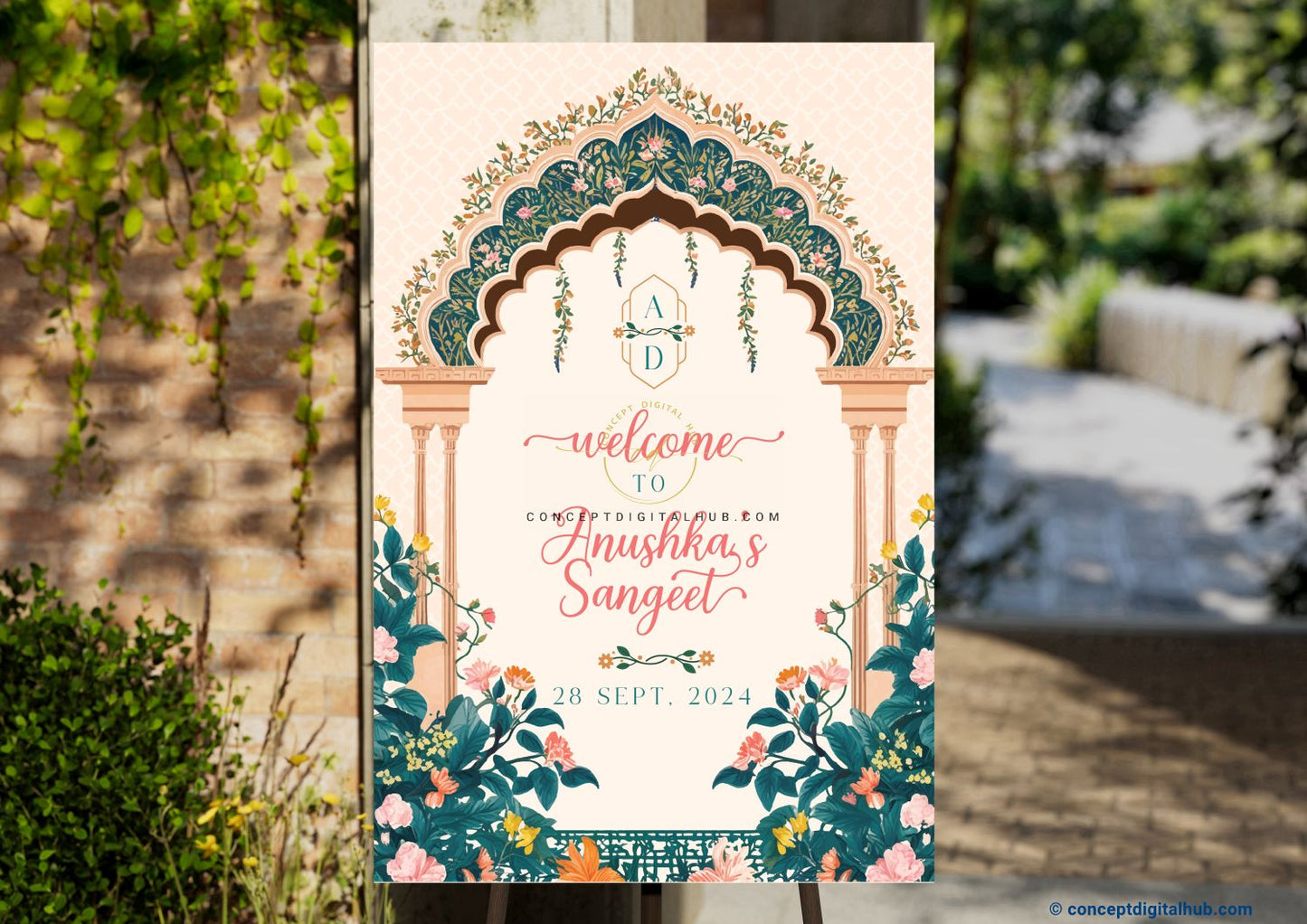Peach Color Mughal Garden Welcome Board for Sangeet