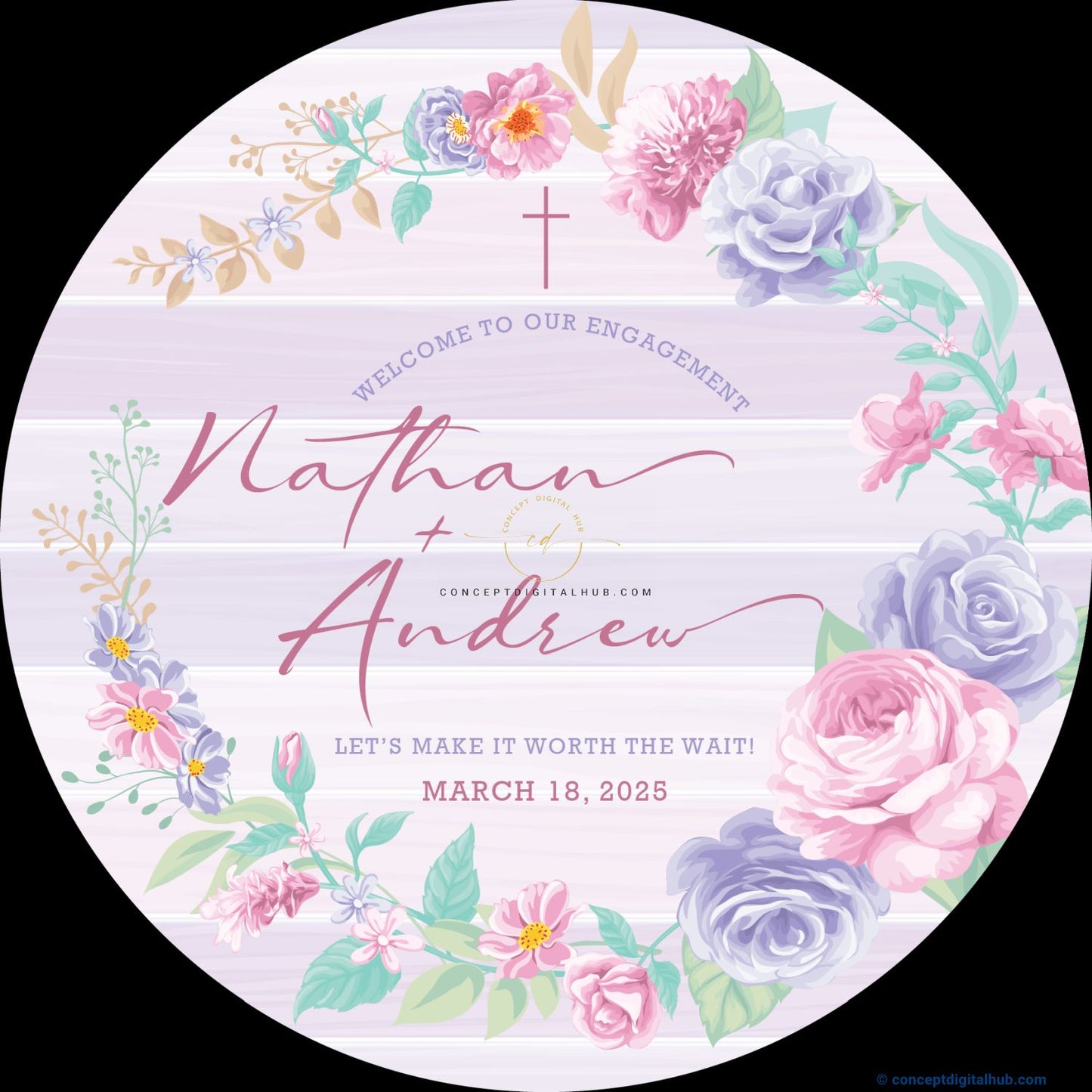 Dawn Pink Color Floral Badge Sign Welcome Board for Egagement