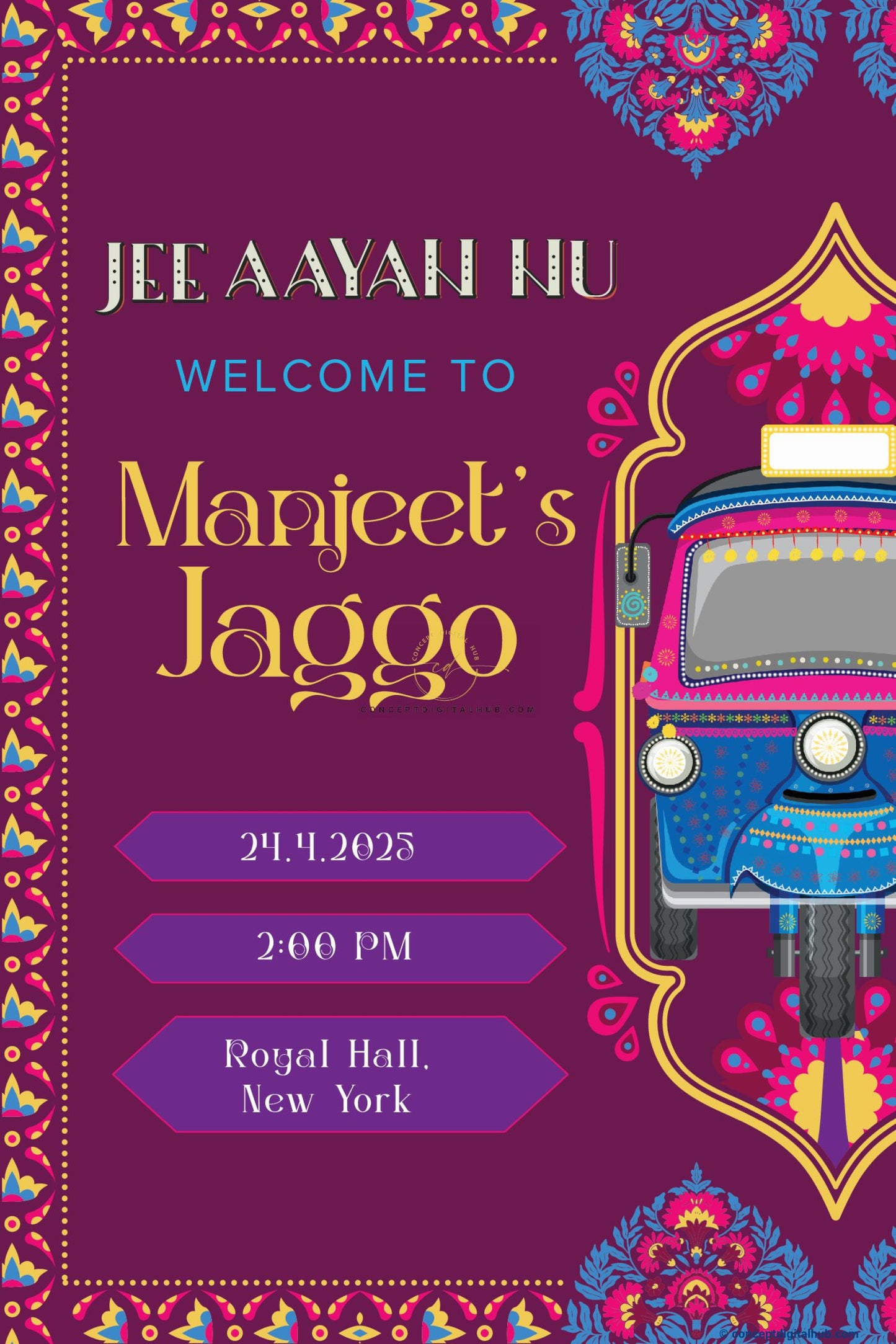 Purple Color Rickshaw Welcome Sign Board for Jaggo