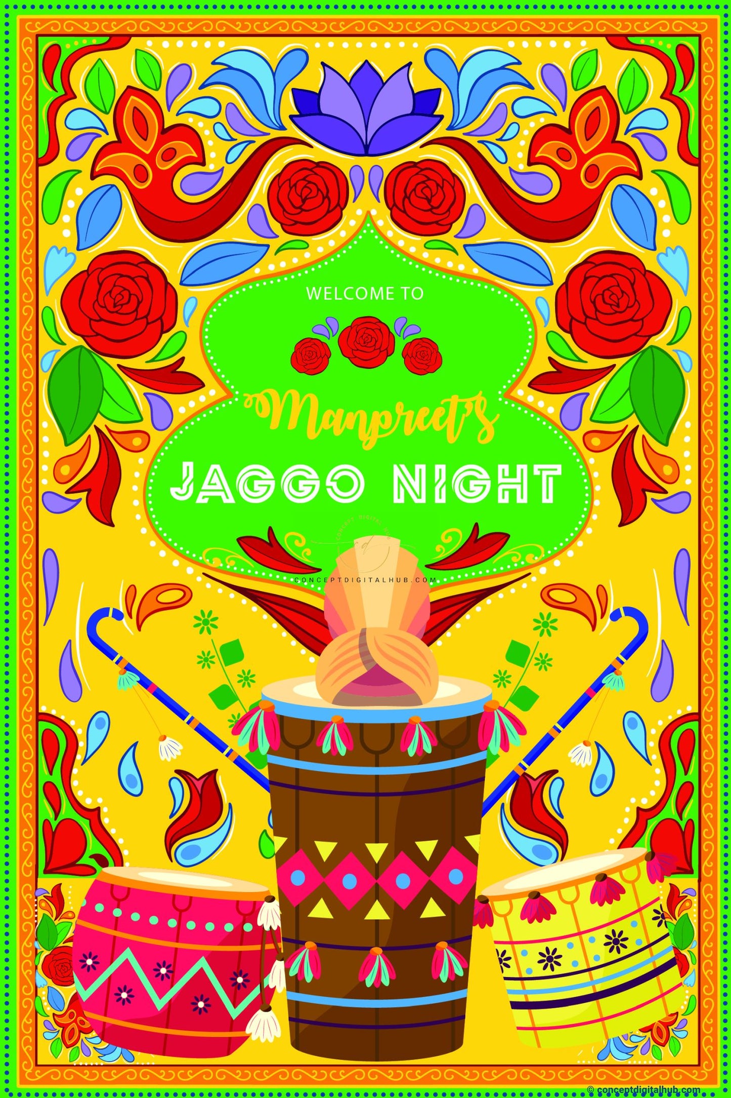 Golden Yellow Color Dhol Drum Welcome Board for Jaggo