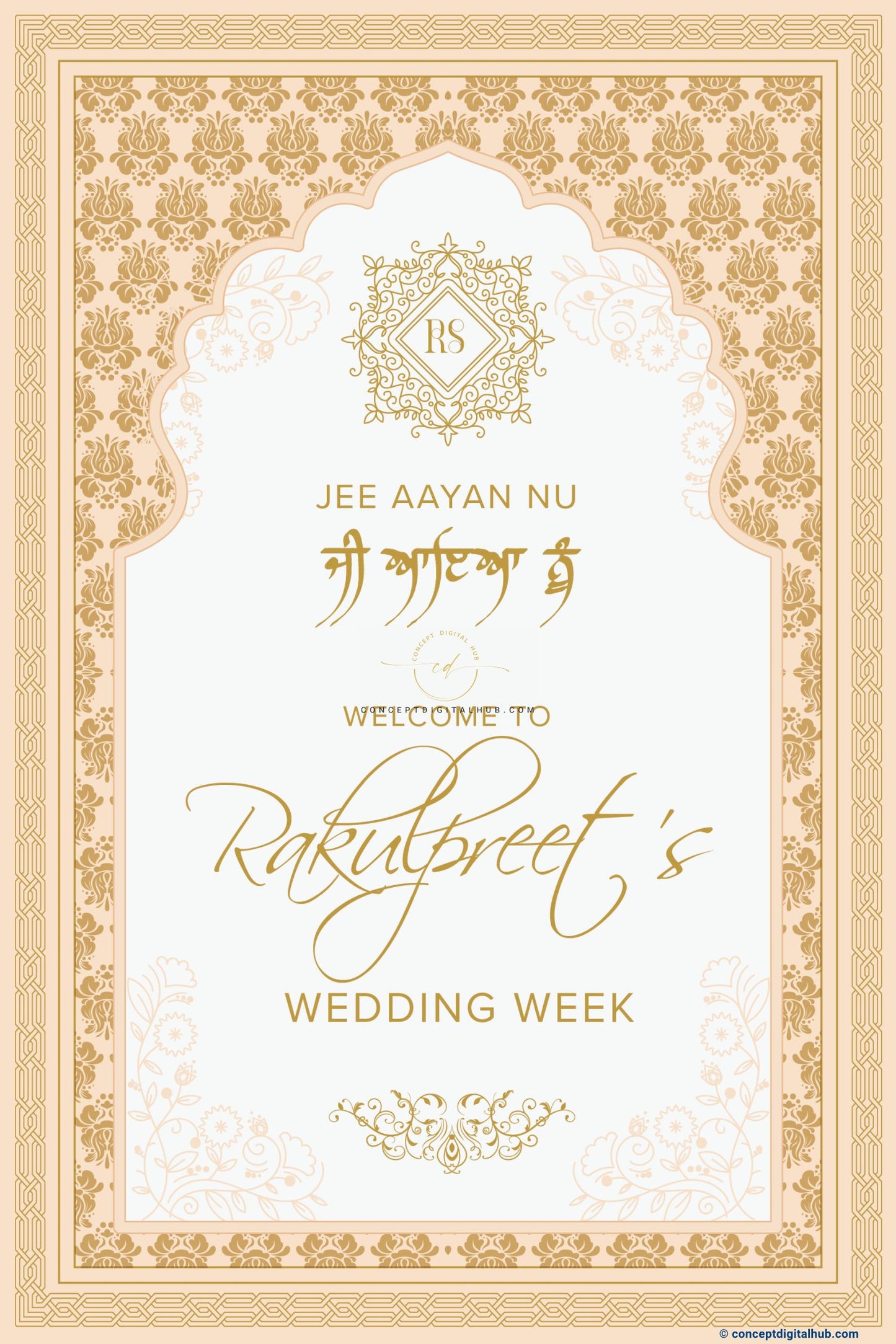 Cream Color Damask Welcome Board for Wedding Week