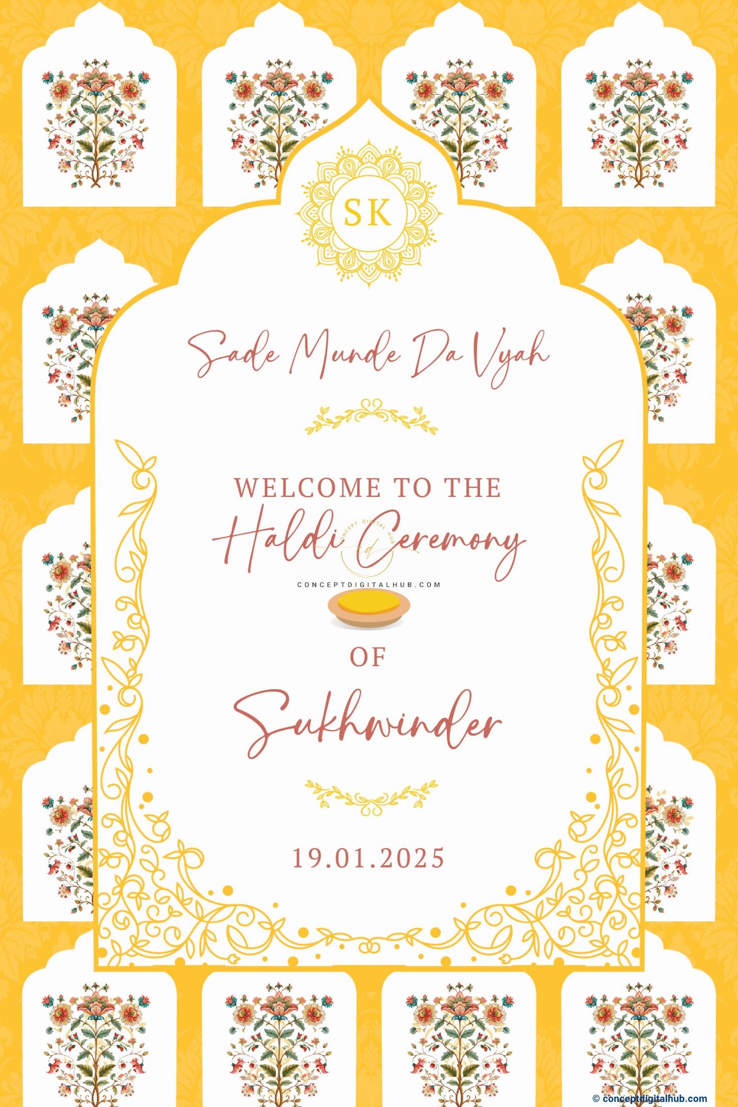 Yellow Color Floral Welcome Sign Board for Maiyan