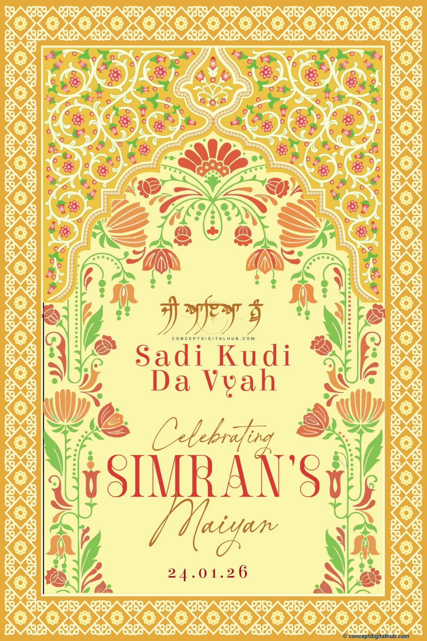 Mustard Yellow Color Hanging Floral Motifs Welcome Board for Maiyan