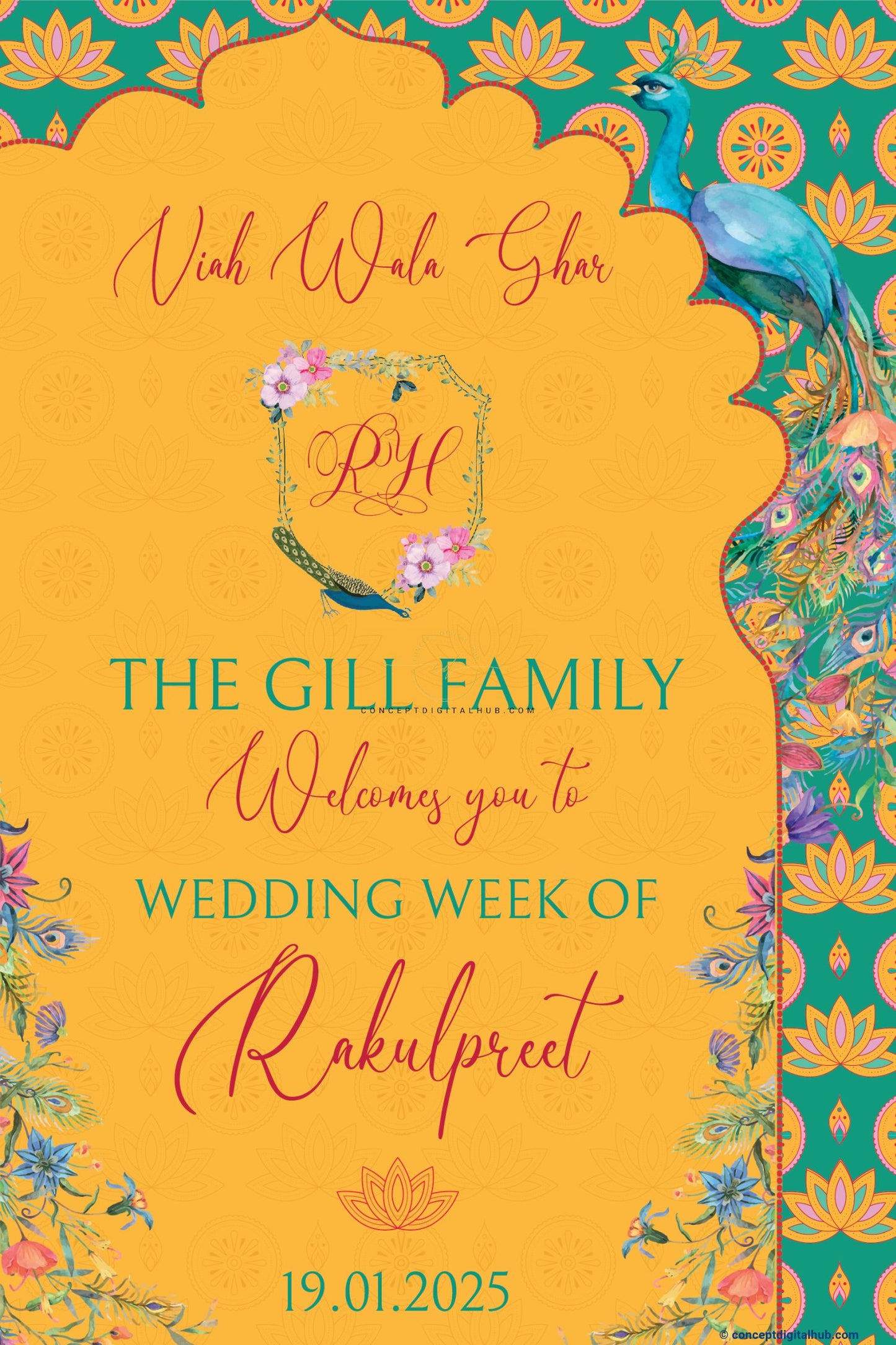 Cheese Colored Peacock Welcome Sign Board for Wedding Week