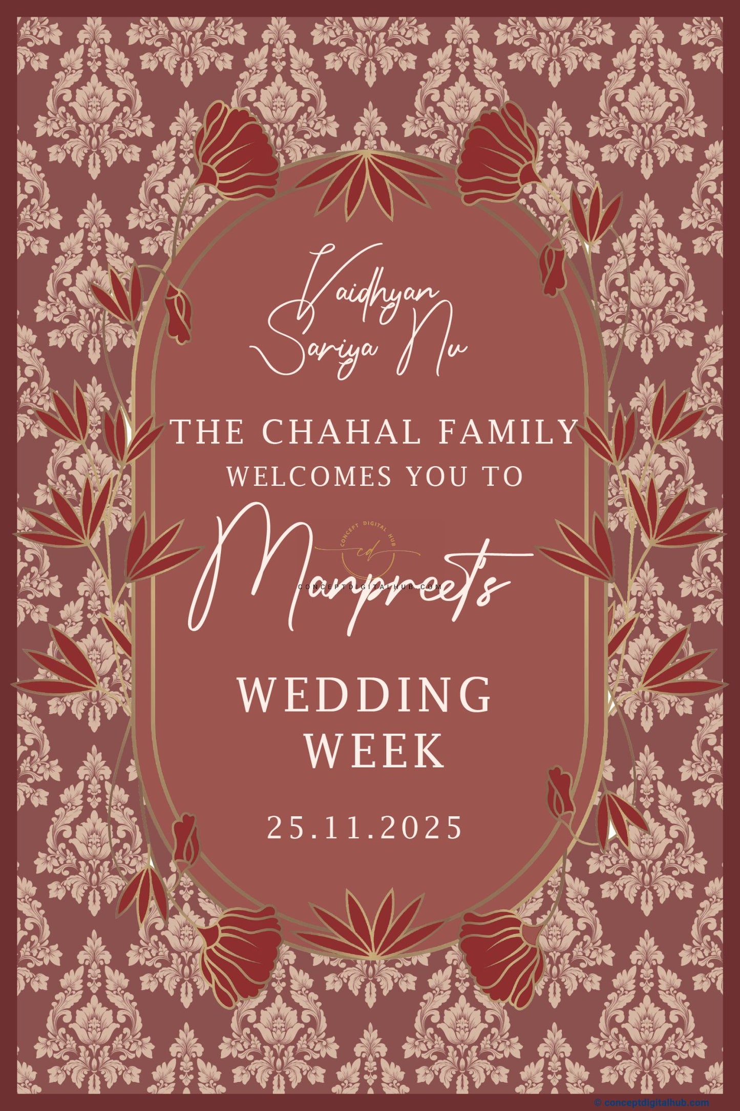 Dusty Rose Color Damask Welcome Board for Wedding Week