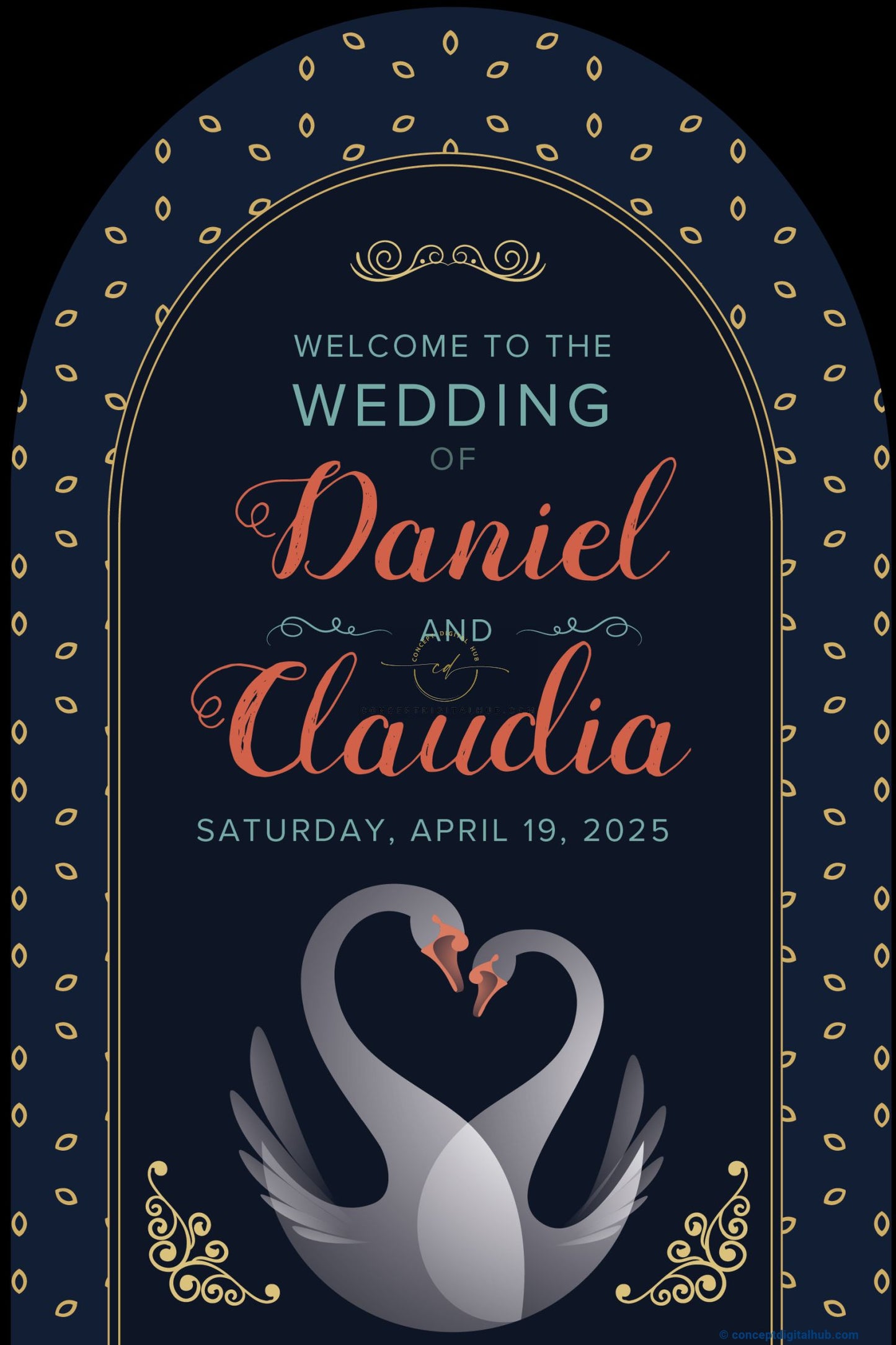 Dark Color Swan Couple Welcome Board for Wedding