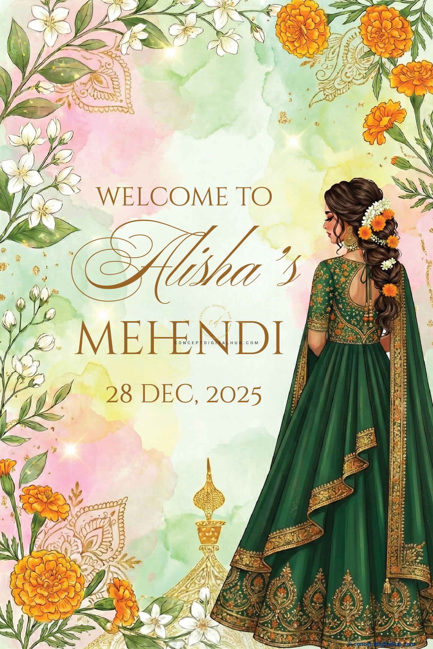 Emerald Green Color Marigold Flowers Welcome Board for Mehendi