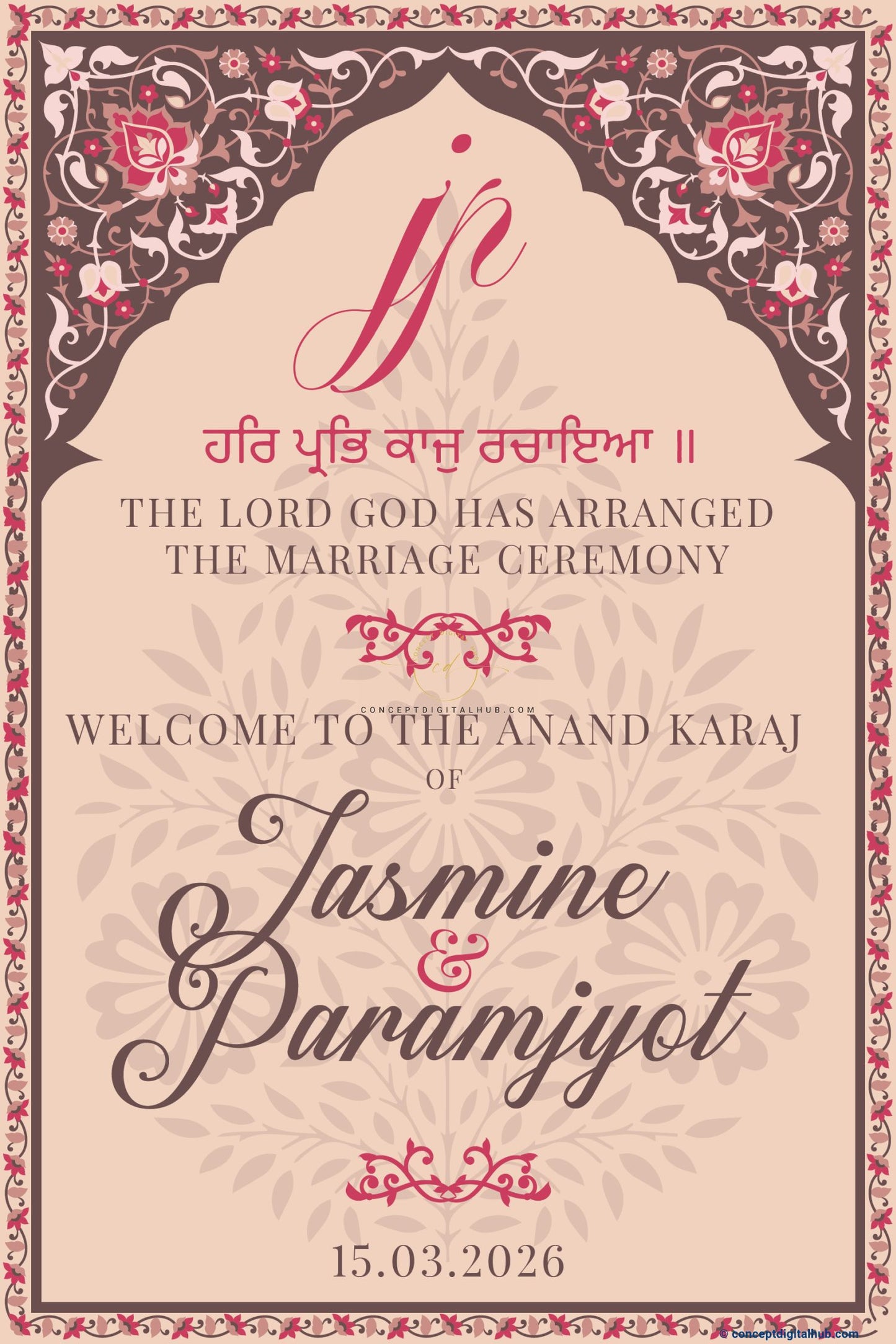 Deep Rose Pink Color Floral Vine Border Welcome Board for Wedding Week