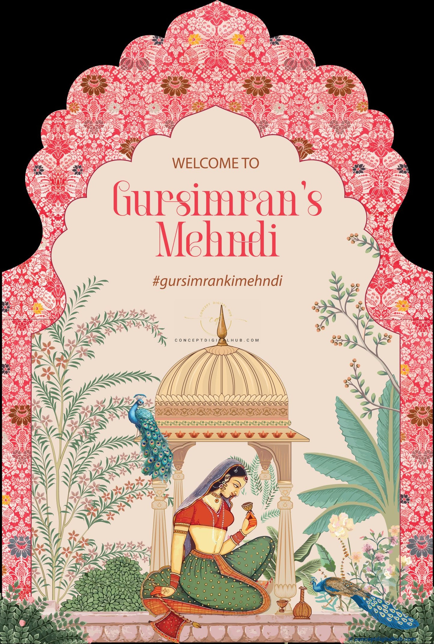 Pink Colored Peacock Welcome Board for Mehndi