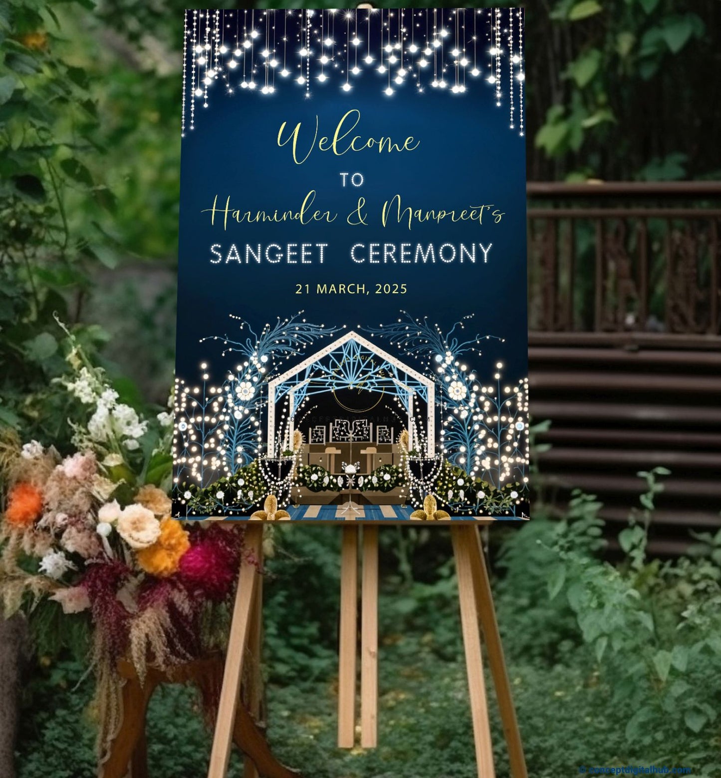 Midnight Blue Color White Stars Welcome Board for Sangeet