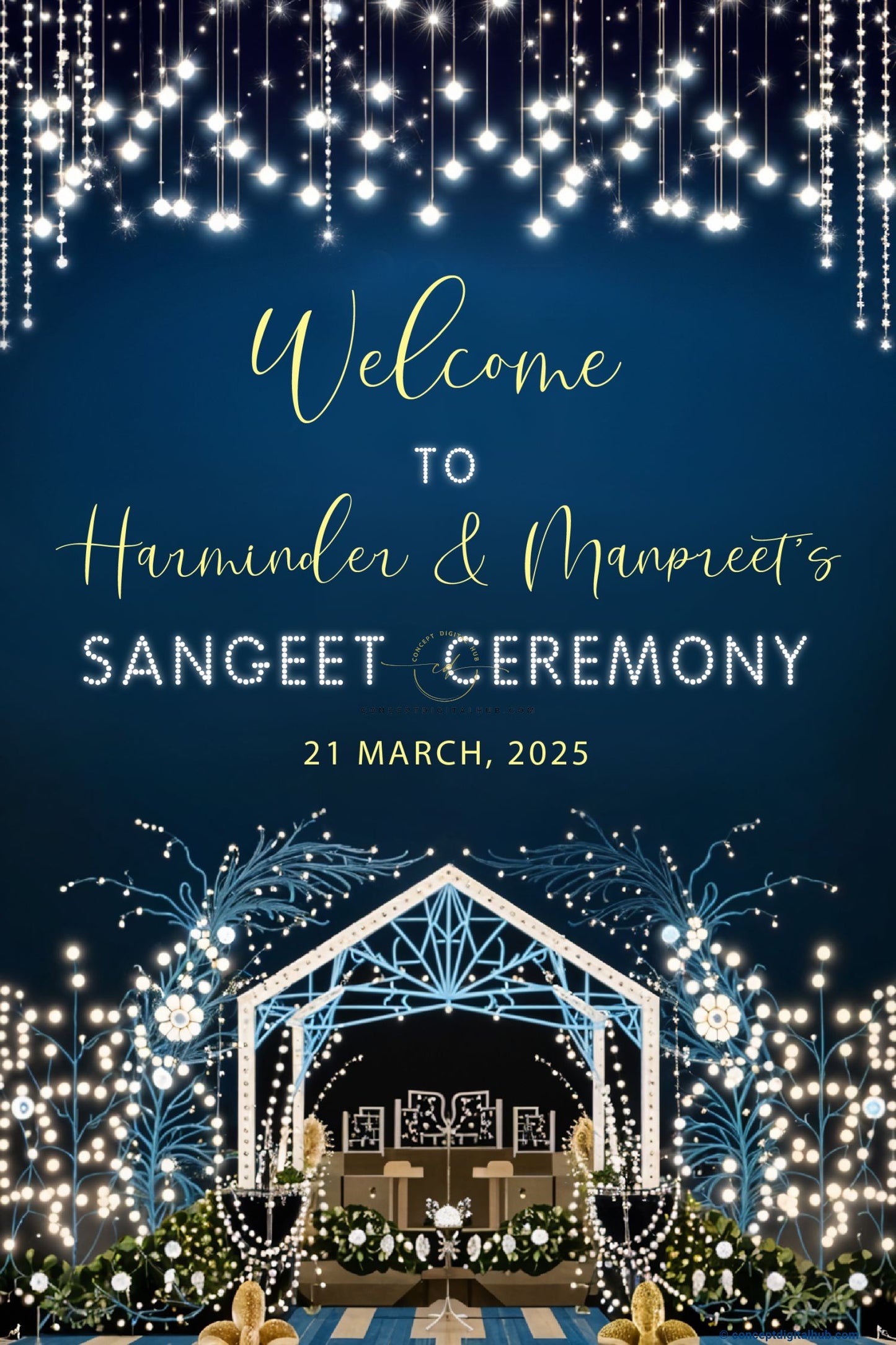 Midnight Blue Color White Stars Welcome Board for Sangeet