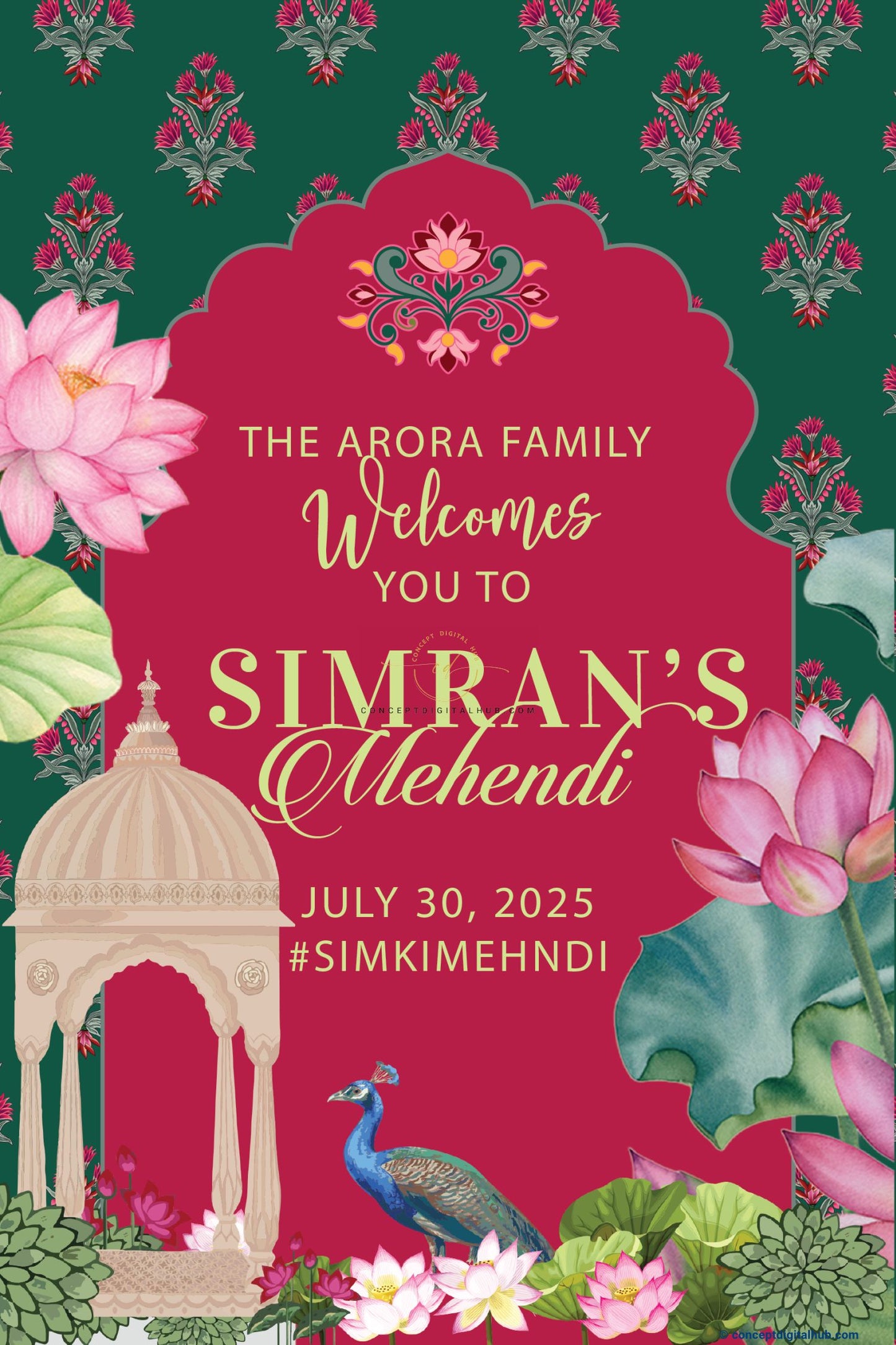 Bright Maroon Color Floral Welcome Board for Mehndi