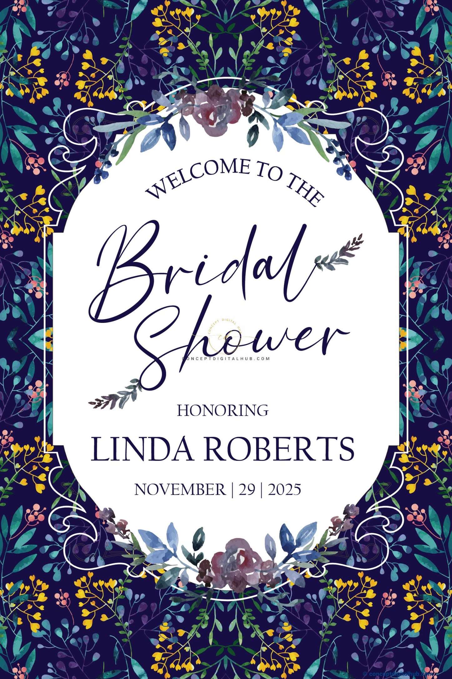 Midnight Navy Color Botanical Floral Pattern Welcome Board for Bridal Shower