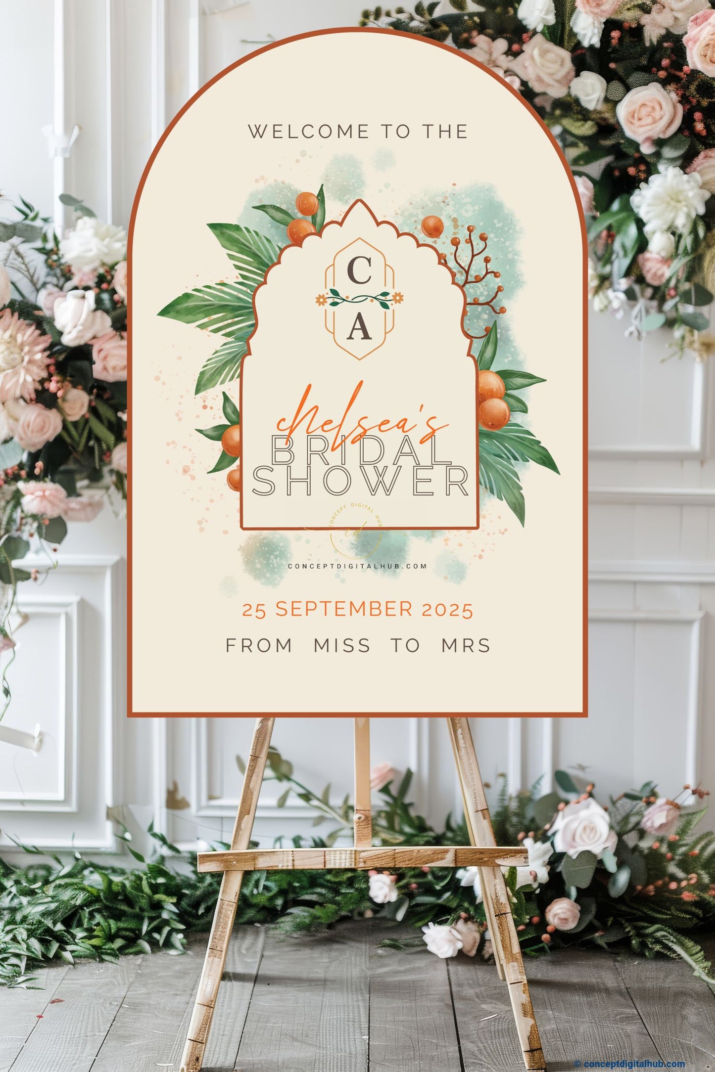 Eggshell Color Orange Fruit Welcome Board for Bridal Shower