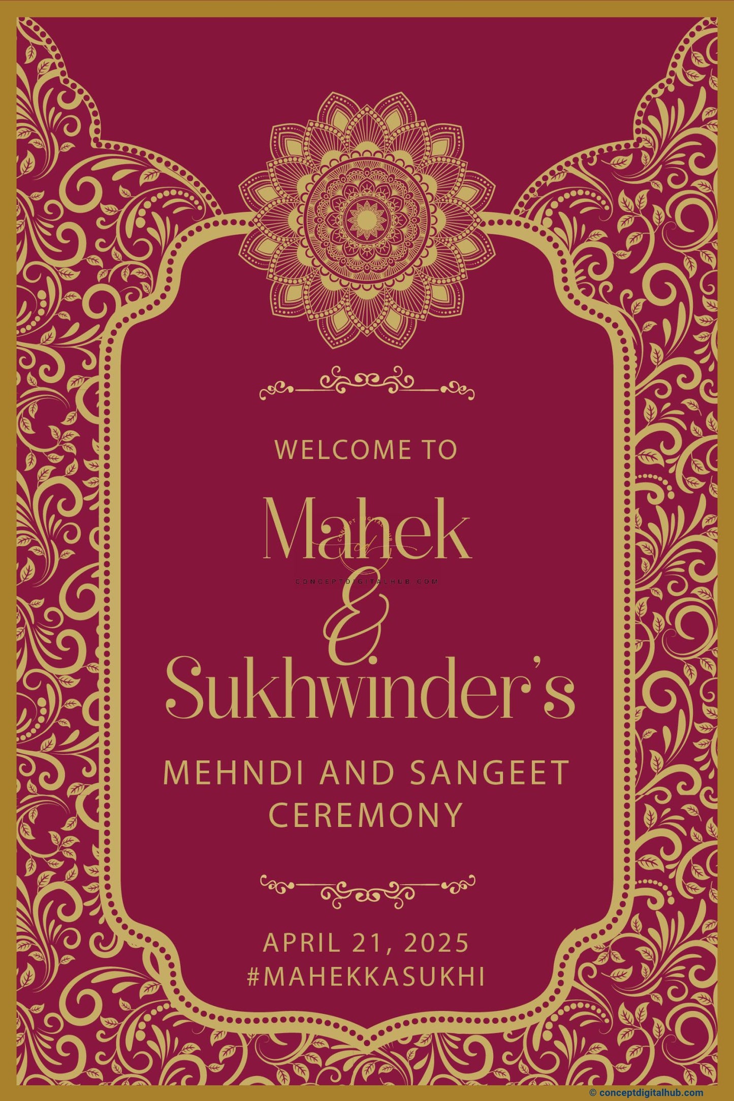 Red Purple Color Golden Mandala Welcome Board for Mehndi