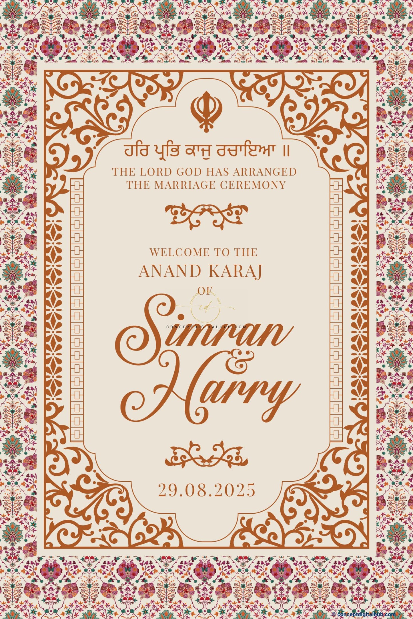 Satin Linen Color Persian Floral Pattern Welcome Board for Anand Karaj