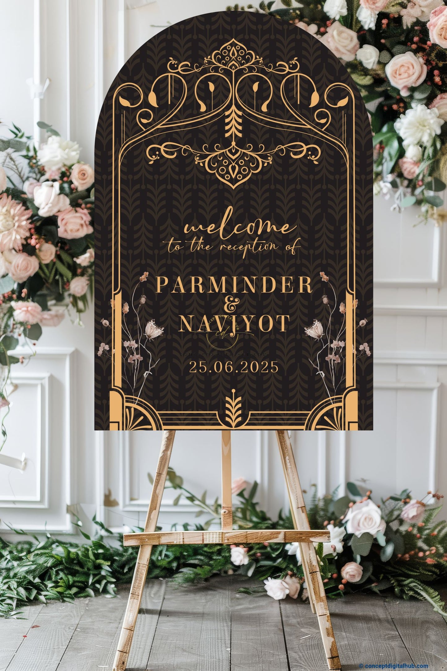 Dark Brown Color Gold Motifs Welcome Board for Reception
