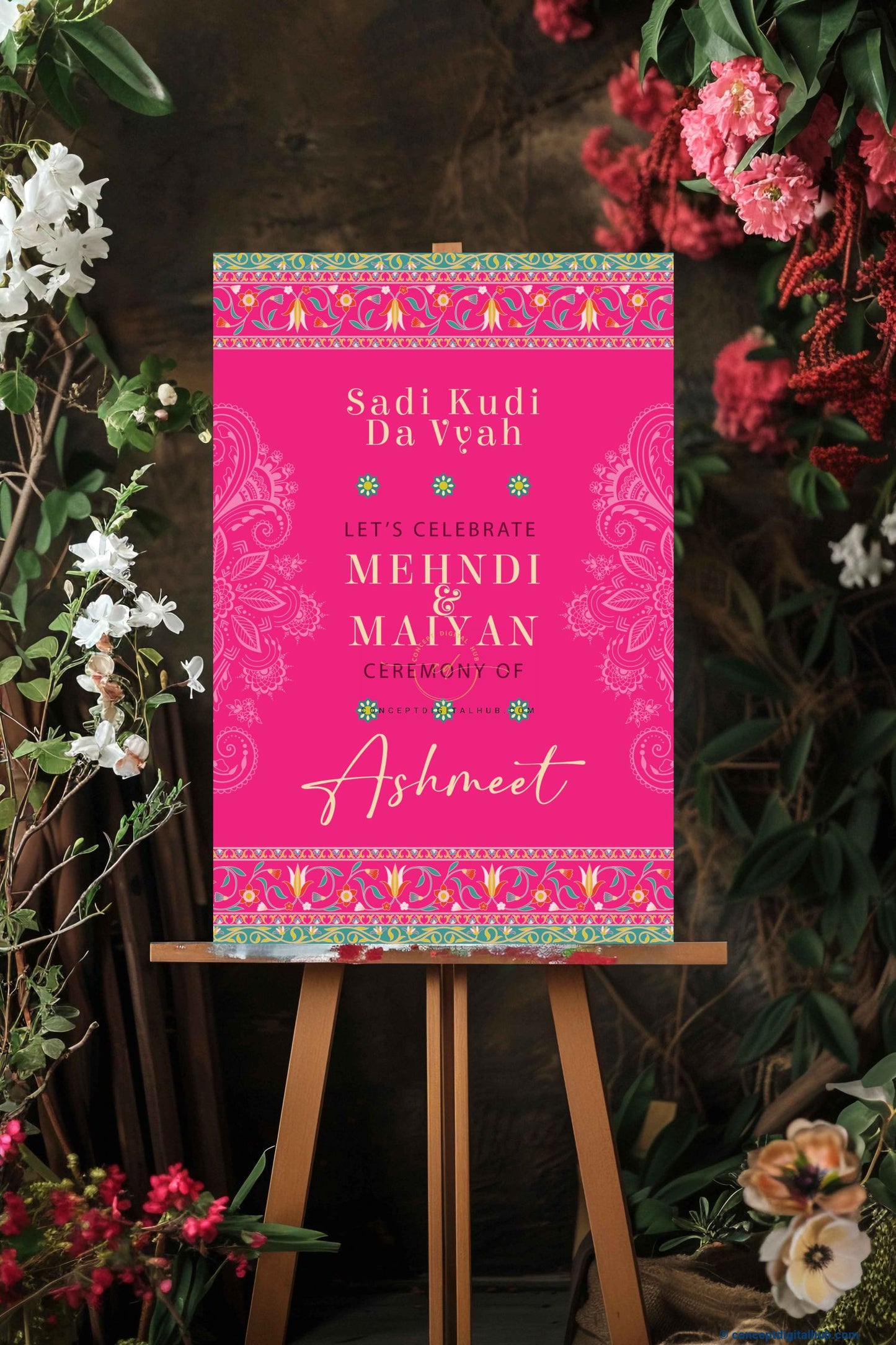 Deep Pink Color Floral Welcome Board for Mehndi
