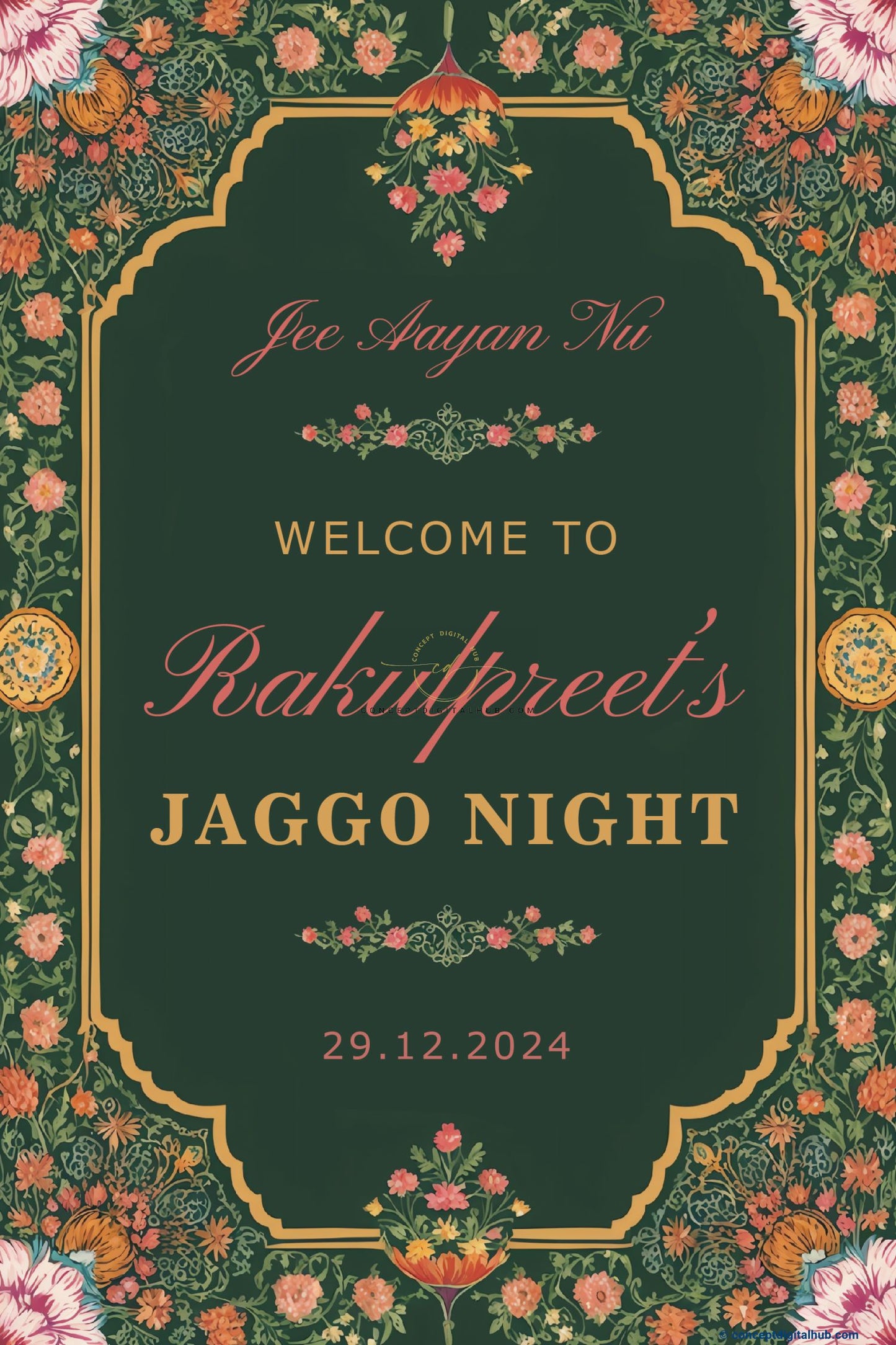 Green Colorful Flowers Welcome Board for Jaggo