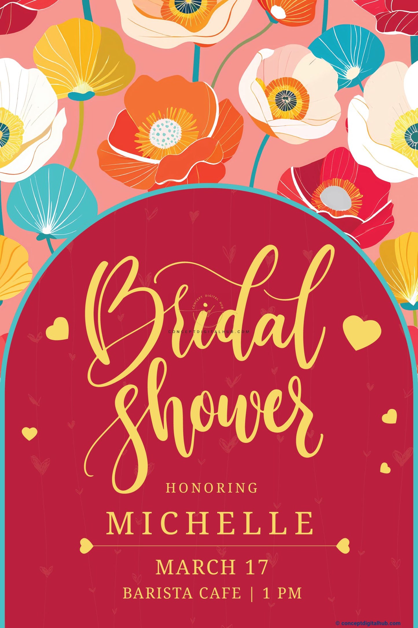 Deep Crimson Red Color Colorful Floral Welcome Board for Bridal Shower