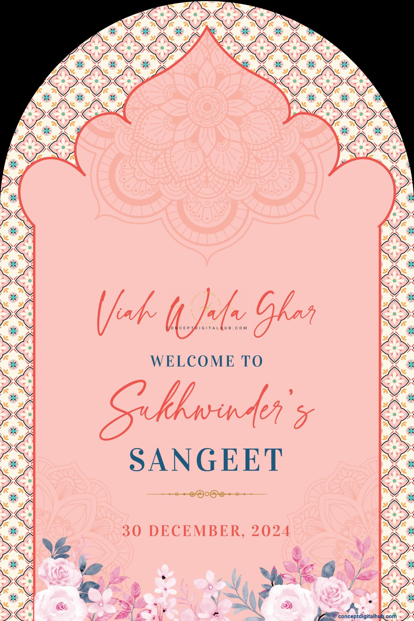 Rose Color Floral Arc Welcome Board for Sangeet