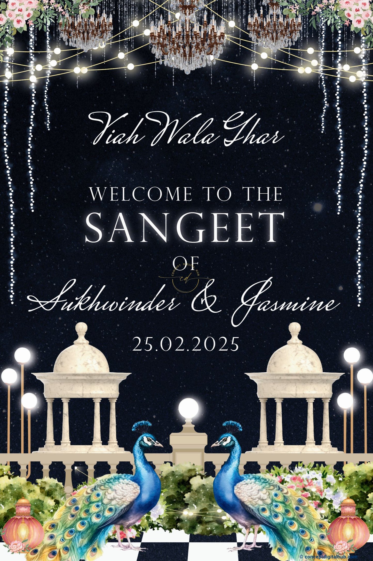 Black Color Peacock Welcome Board for Sangeet