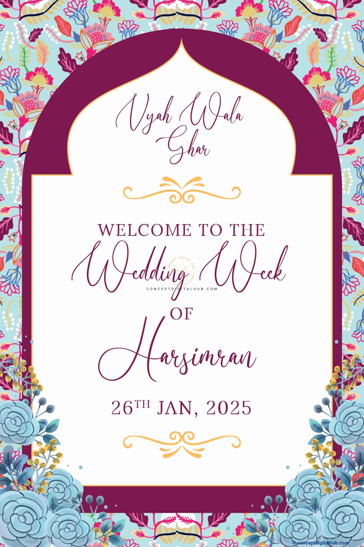 Blue Color Floral Welcome Board for Wedding Week