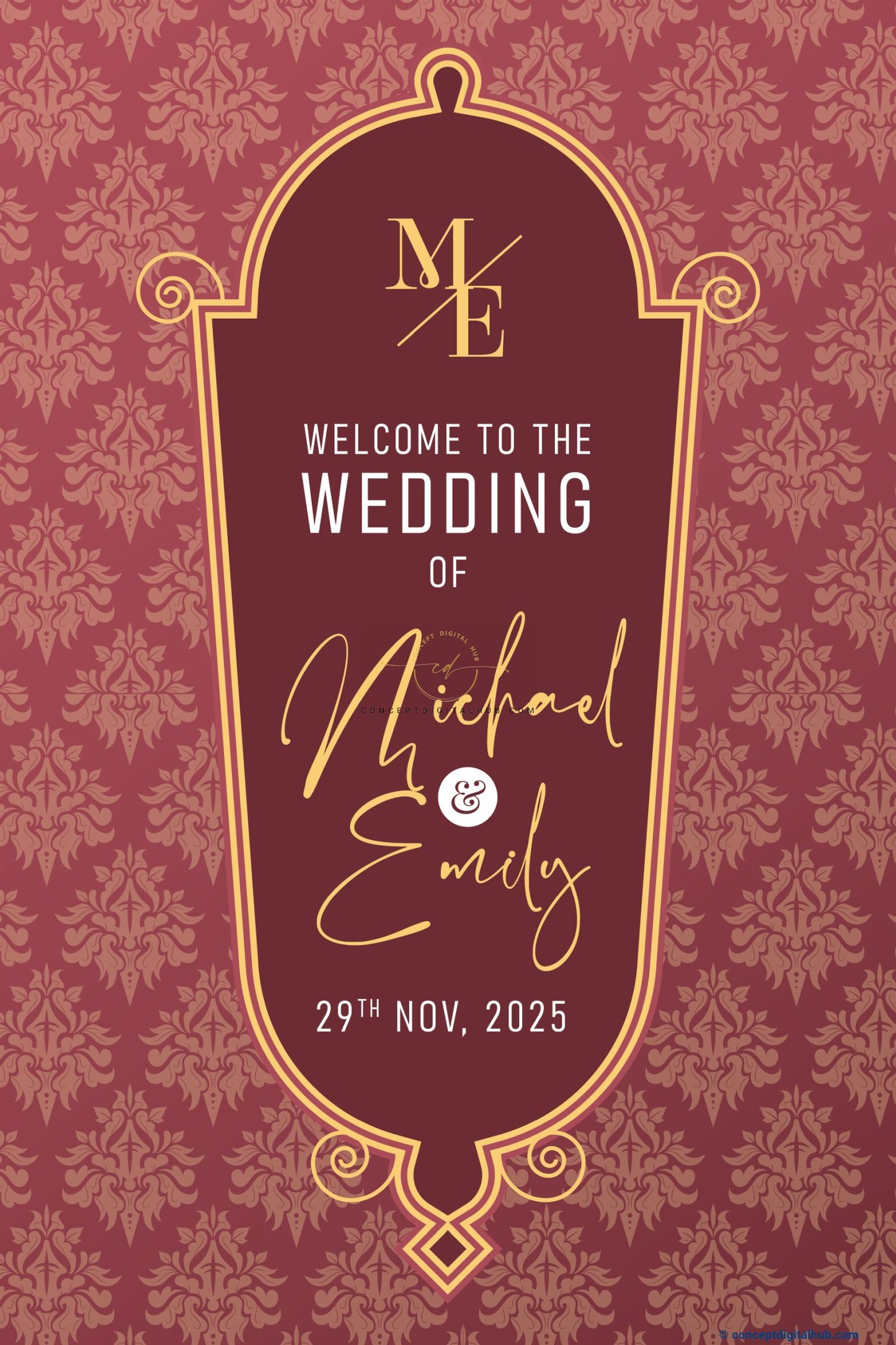 Burgundy Color Damask Pattern Welcome Board for Wedding Week