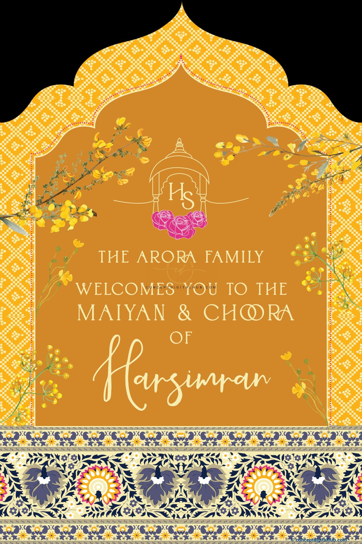 Dull Orange Color Golden Flowers Welcome Board for Maiyan