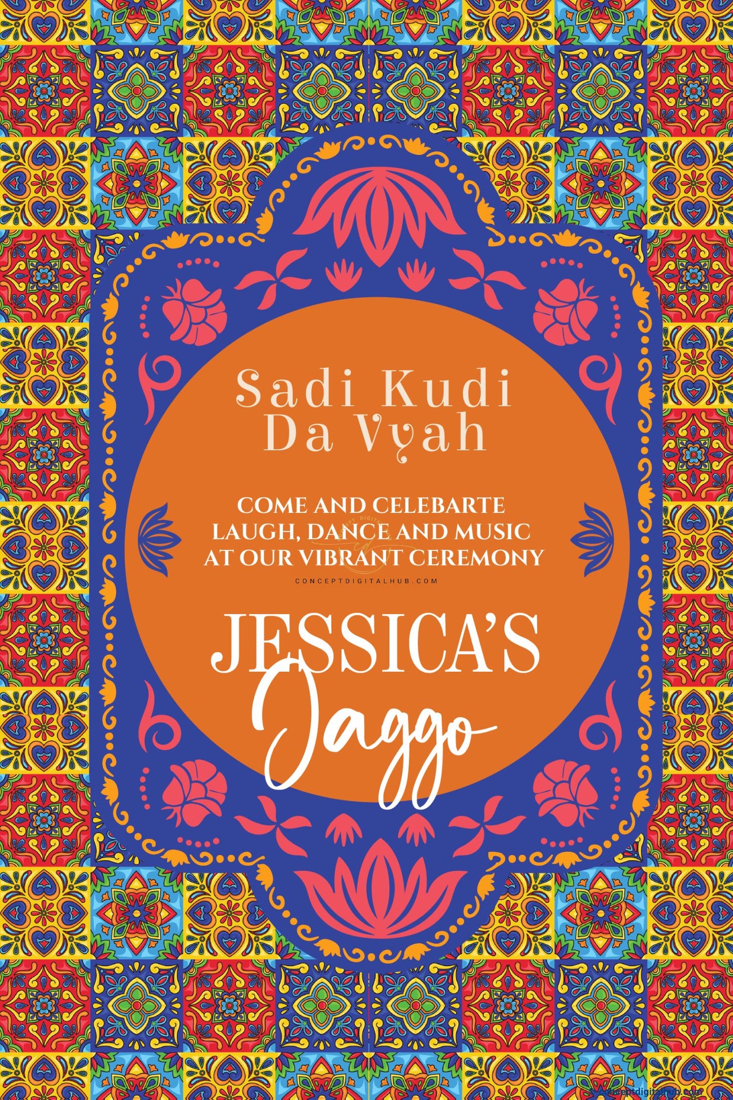 Bright Orange Color Floral and Lotus Motifs Welcome Board for Jaggo