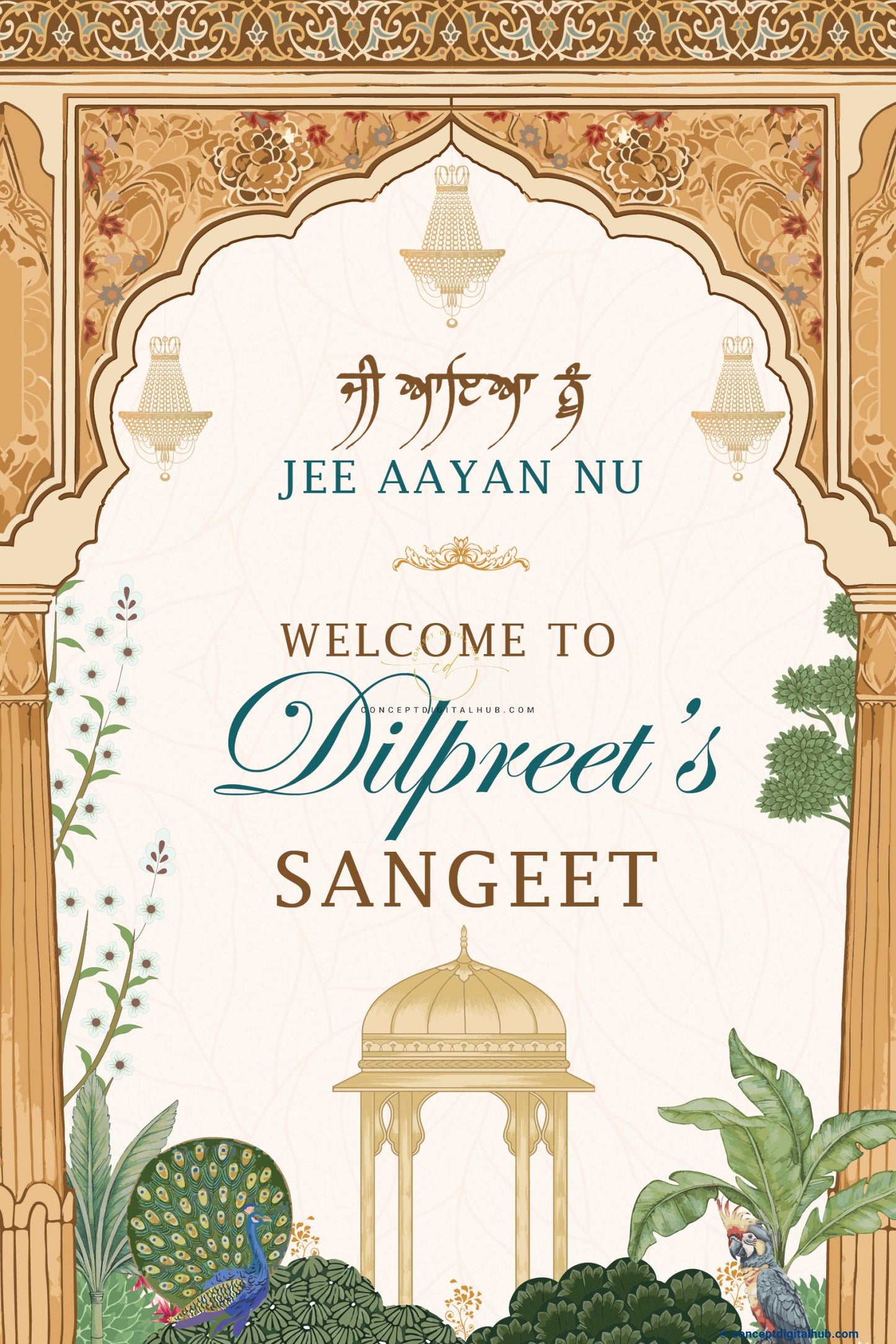 Almond Color Peacock Welcome Board for Sangeet