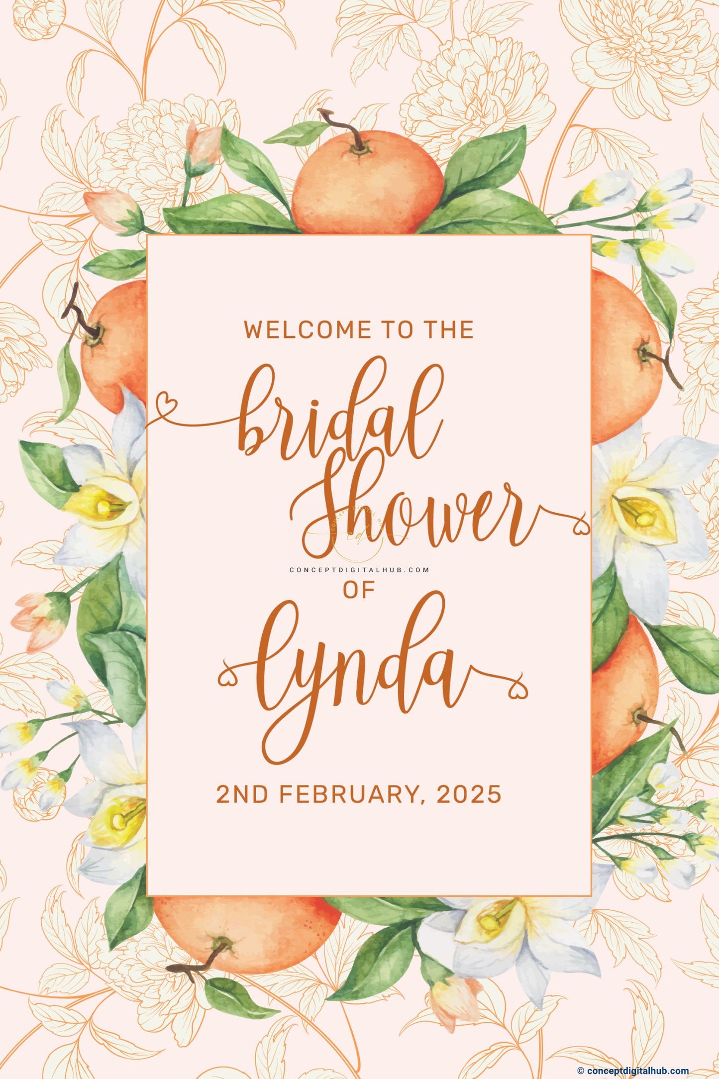 Pearl Color Oranges Welcome Board for Bridal Shower