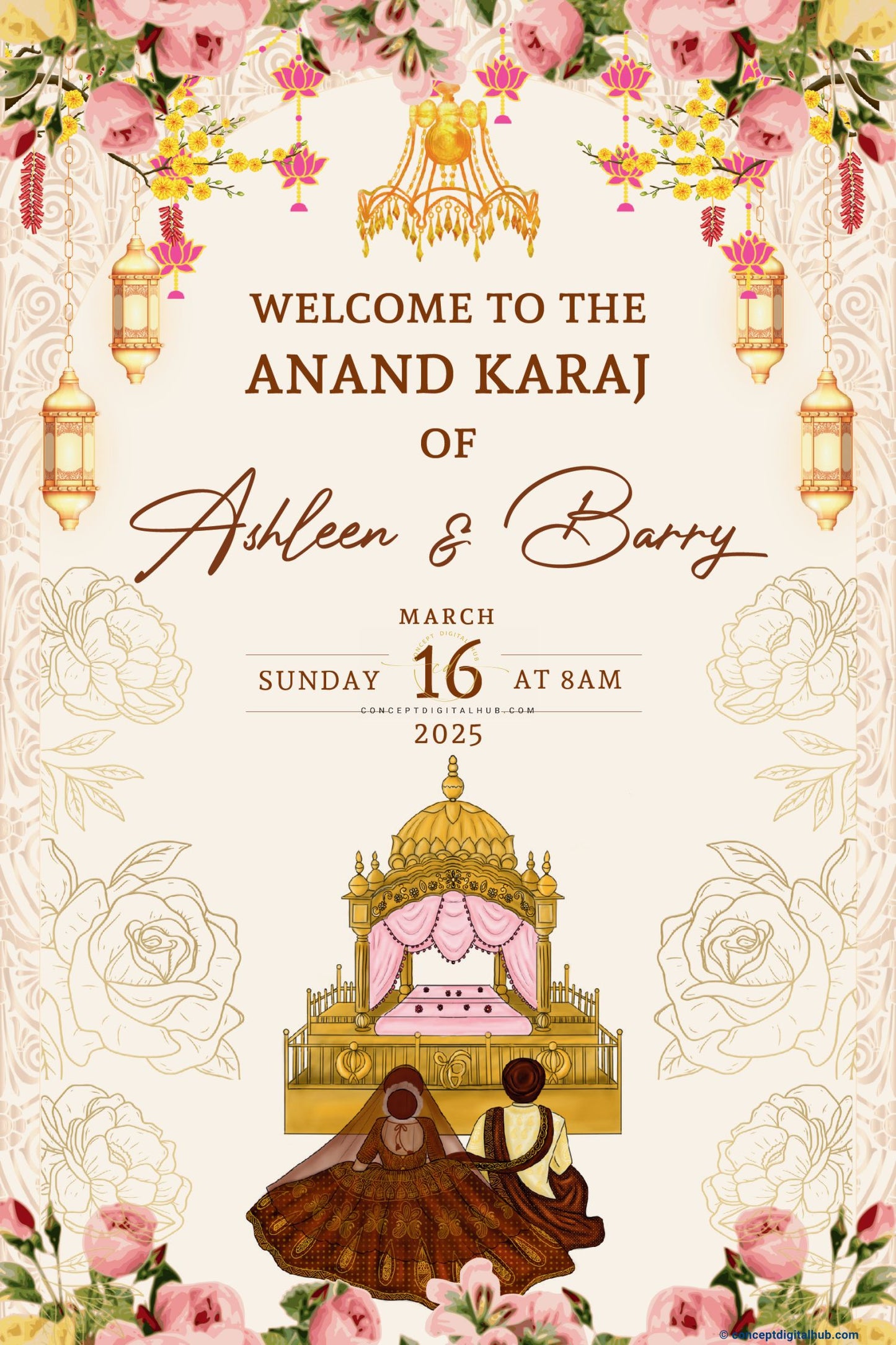 Light Apricot Color Floral Welcome Board for Anand Karaj