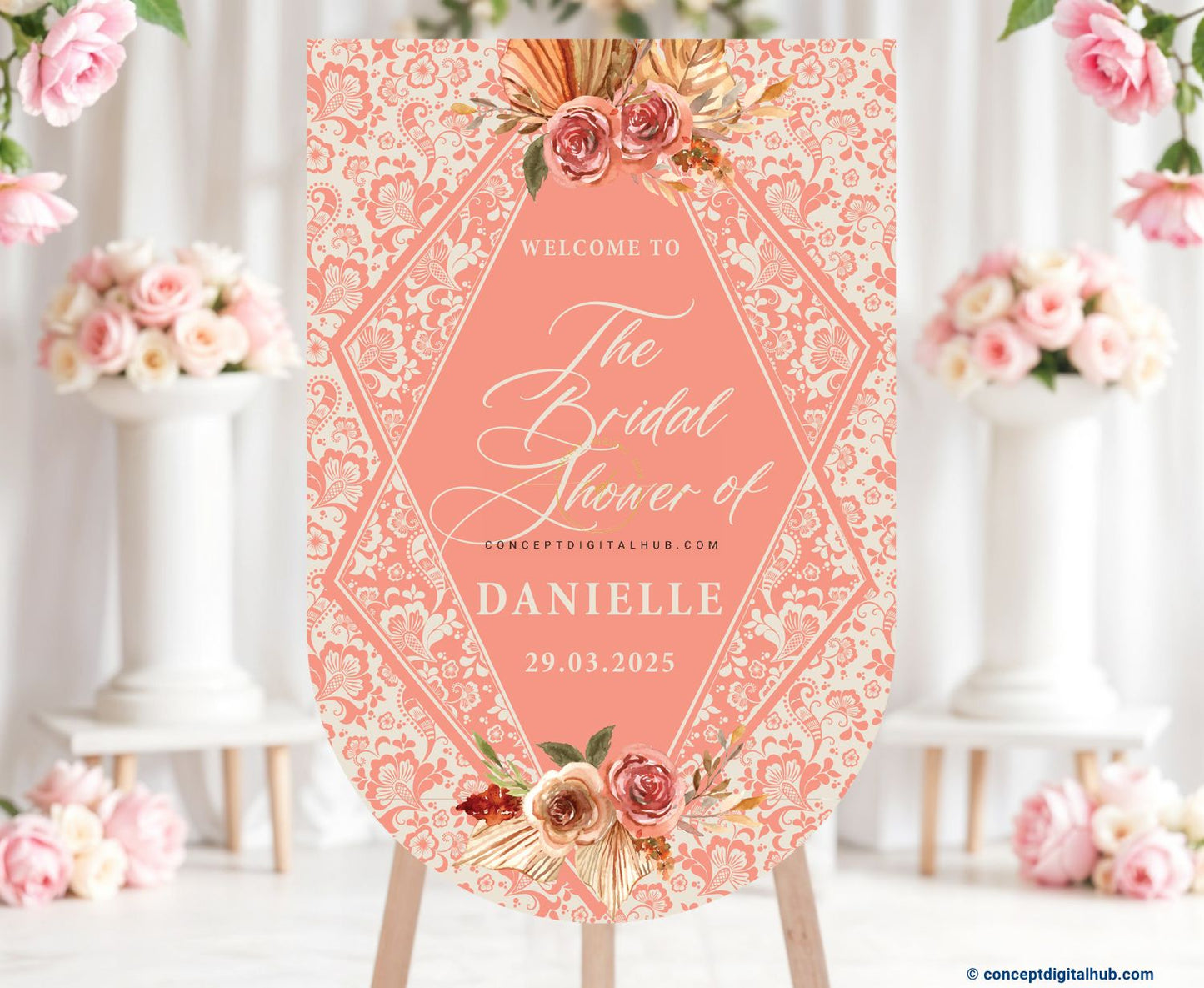 Peachy Pink Color Floral Welcome Board for Bridalshower