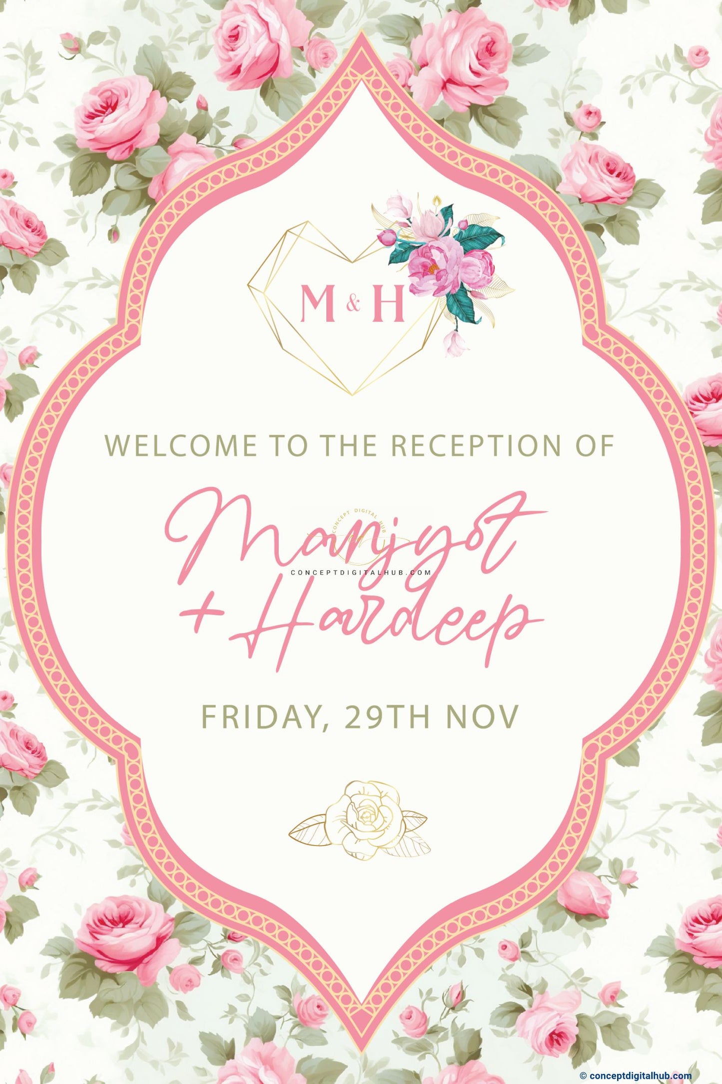 Pink and White Roses Welcome Board for Wedding Week