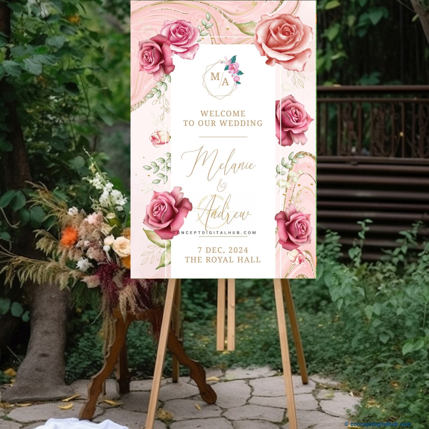 Pink Color Flowers Welcome Sign Board for Wedding Week