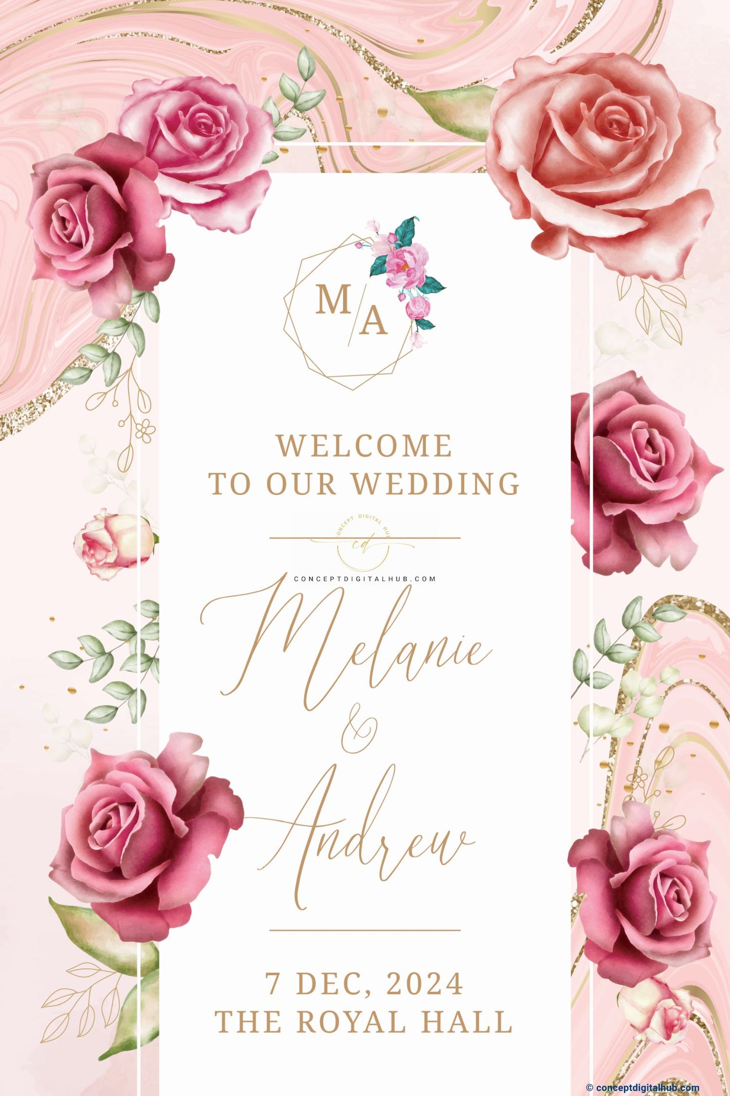 Pink Color Flowers Welcome Sign Board for Wedding Week