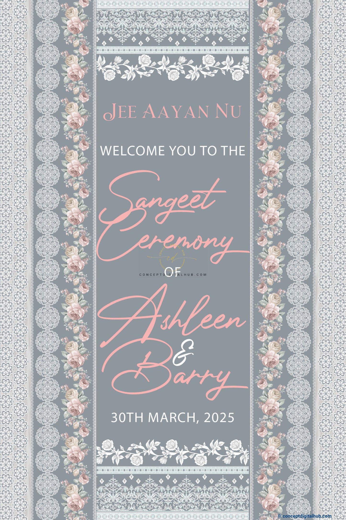 Grey Color Flowers Welcome Board for Sangeet